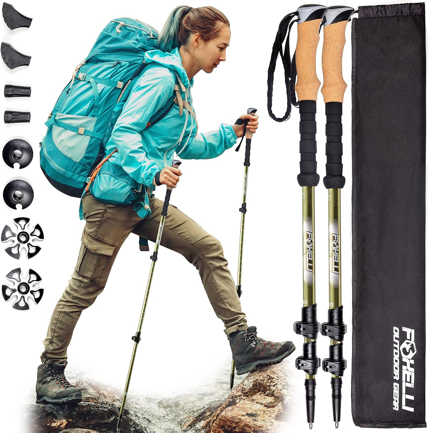 Foxelli Carbon Fiber Trekking Poles – Lightweight Collapsible Hiking Poles with Cork Grips, Lever Locks & All Terrain Accessories Khaki