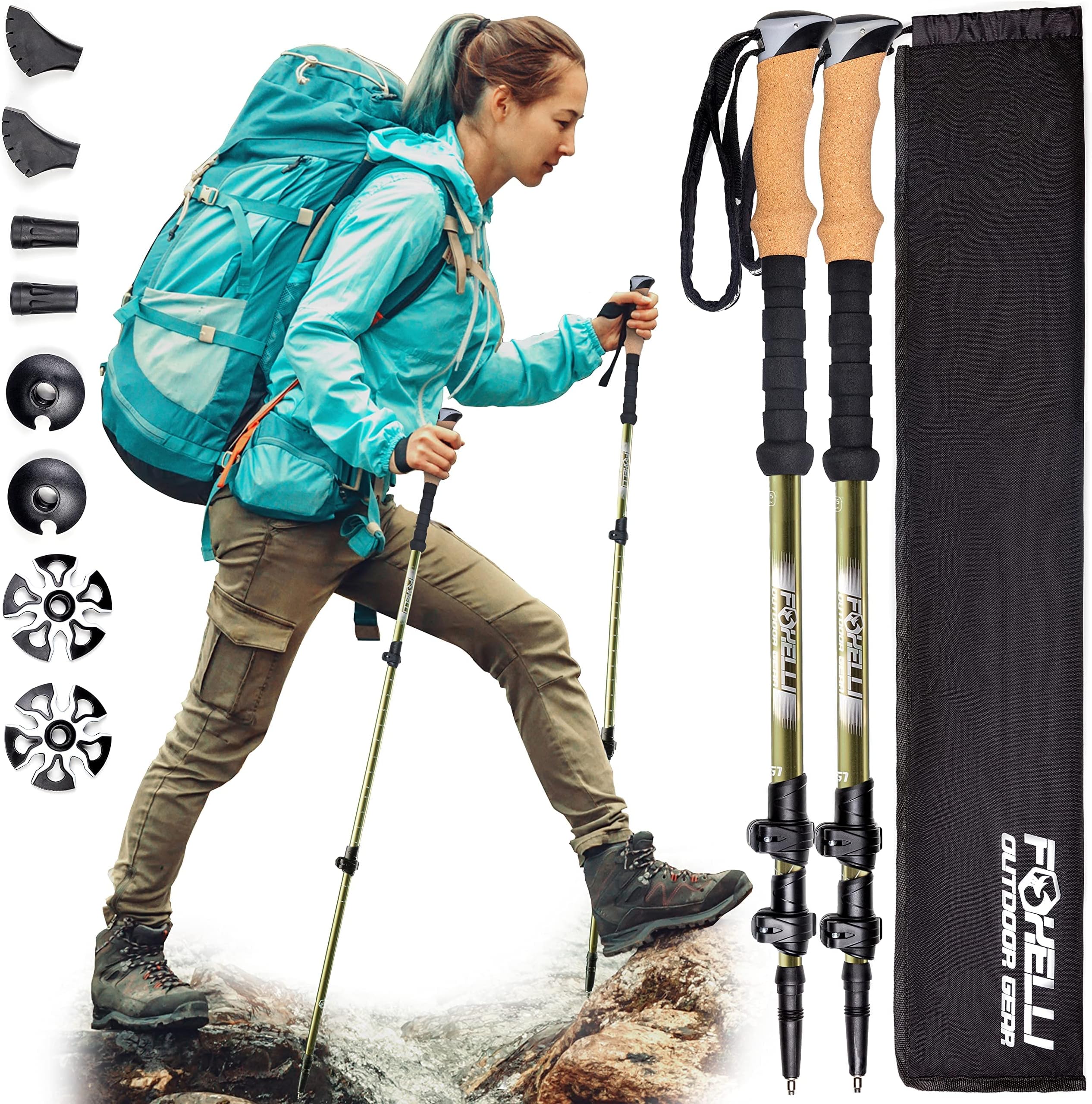 Carbon Fiber Trekking Poles – Lightweight Collapsible Hiking Poles, Shock-Absorbent Walking Sticks with Natural Cork Grips, Flip Locks, 4 Season/All Terrain Accessories and Carry Bag
