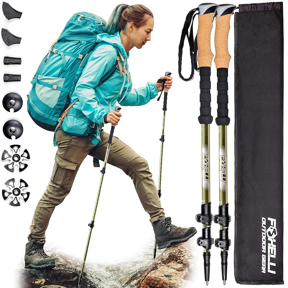 Foxelli Carbon Fiber Trekking Poles - Lightweight Collapsible Hiking Poles with Cork Grips, Lever Locks & All Terrain Accessories