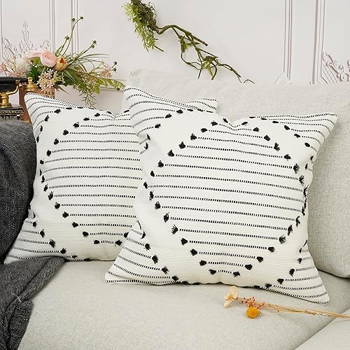 Miniatura 1 de YOUR SMILE Juego de 2 fundas de cojín de punto bohemio con borlas y borlas decorativas para interiores y exteriores, para sofá, sala de estar, 18 x
