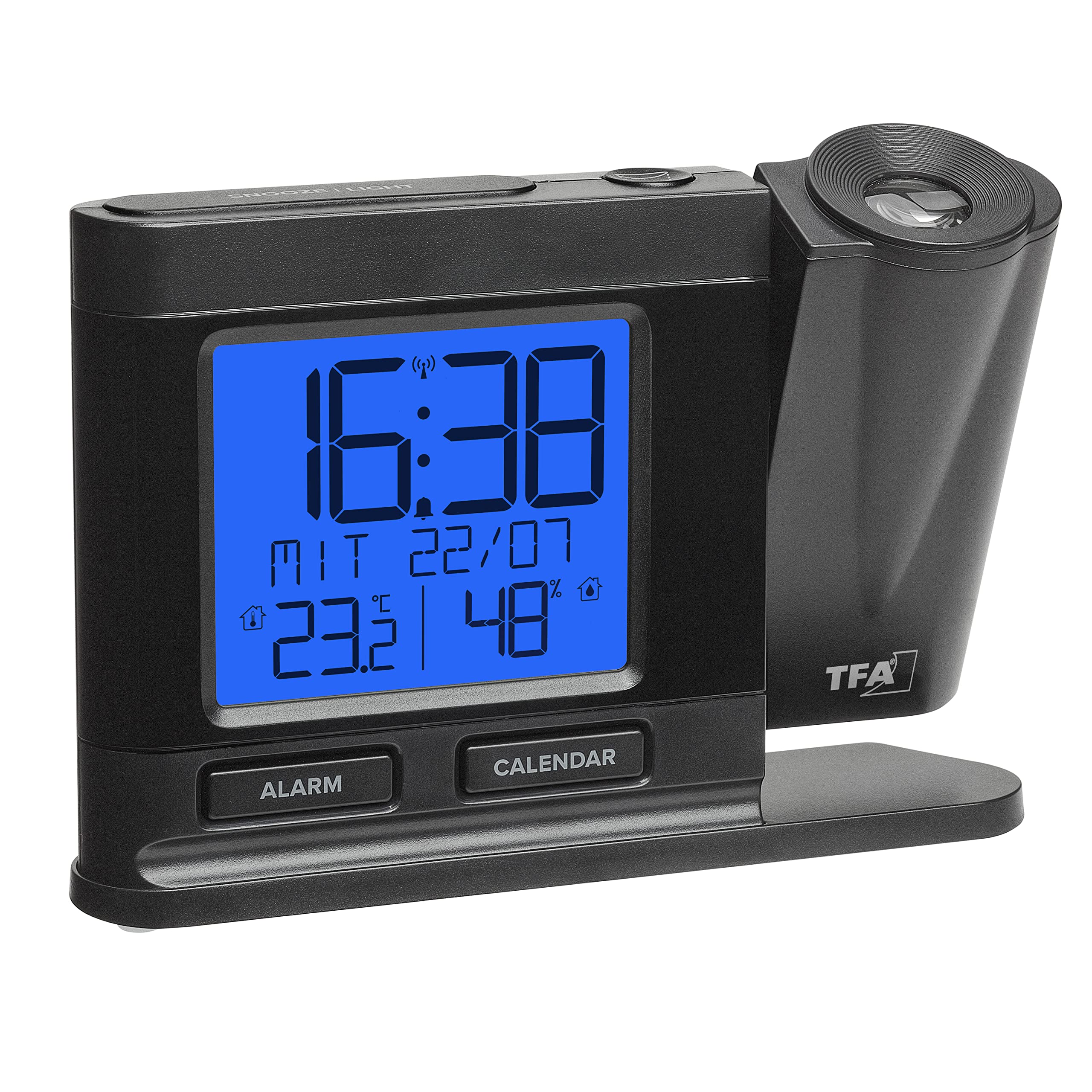 TFA Dostmann 60.5017.01 - Despertador Digital por Radio, con Fuente de alimentación, Incluye termohigrómetro, Regulable, Reloj de Dormitorio, Negro, 149 x 38 x 104 mm