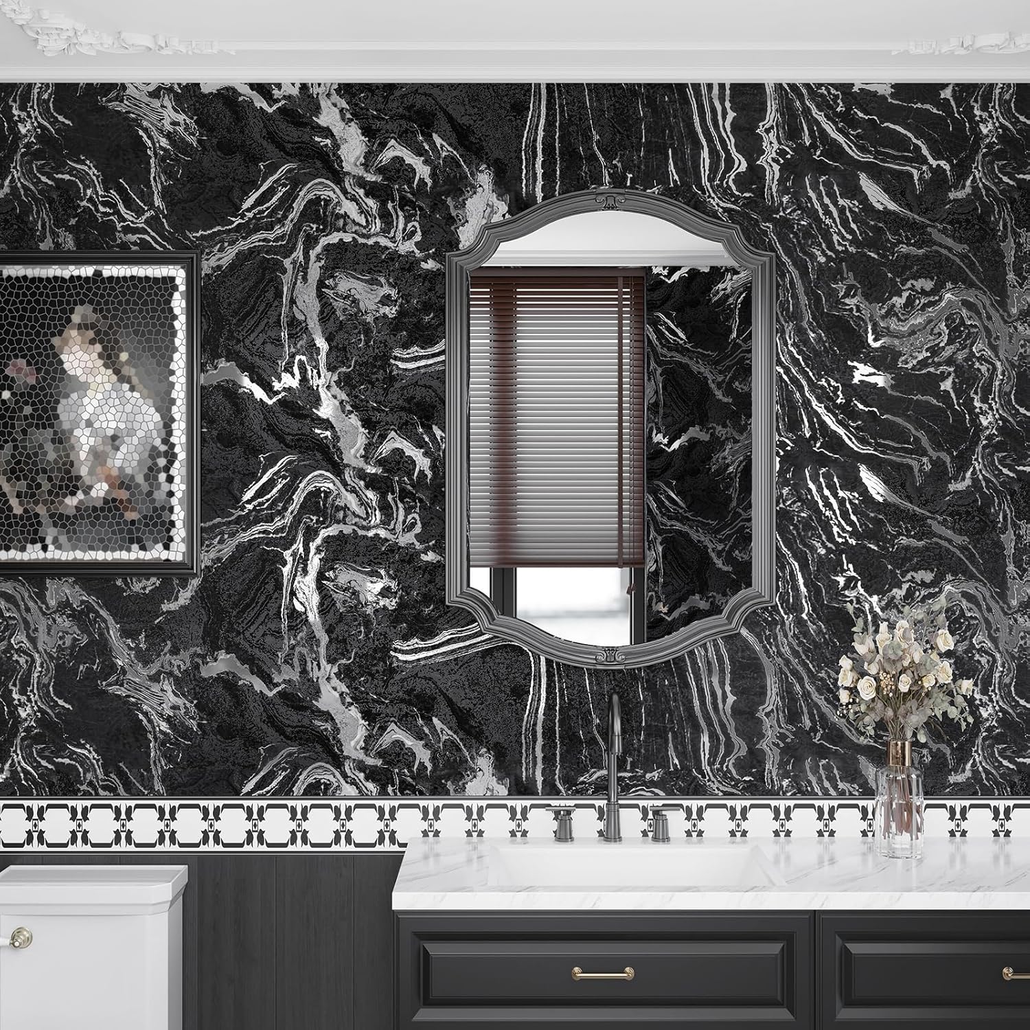 Black and Silver Marble Contact Paper Peel and Stick Matte Liquid Marble Wallpaper for Countertops Waterproof 15.7"x160" Thick Self Adhesive Black Vinyl Countertop Wrap for Kitchen Desk Wall
