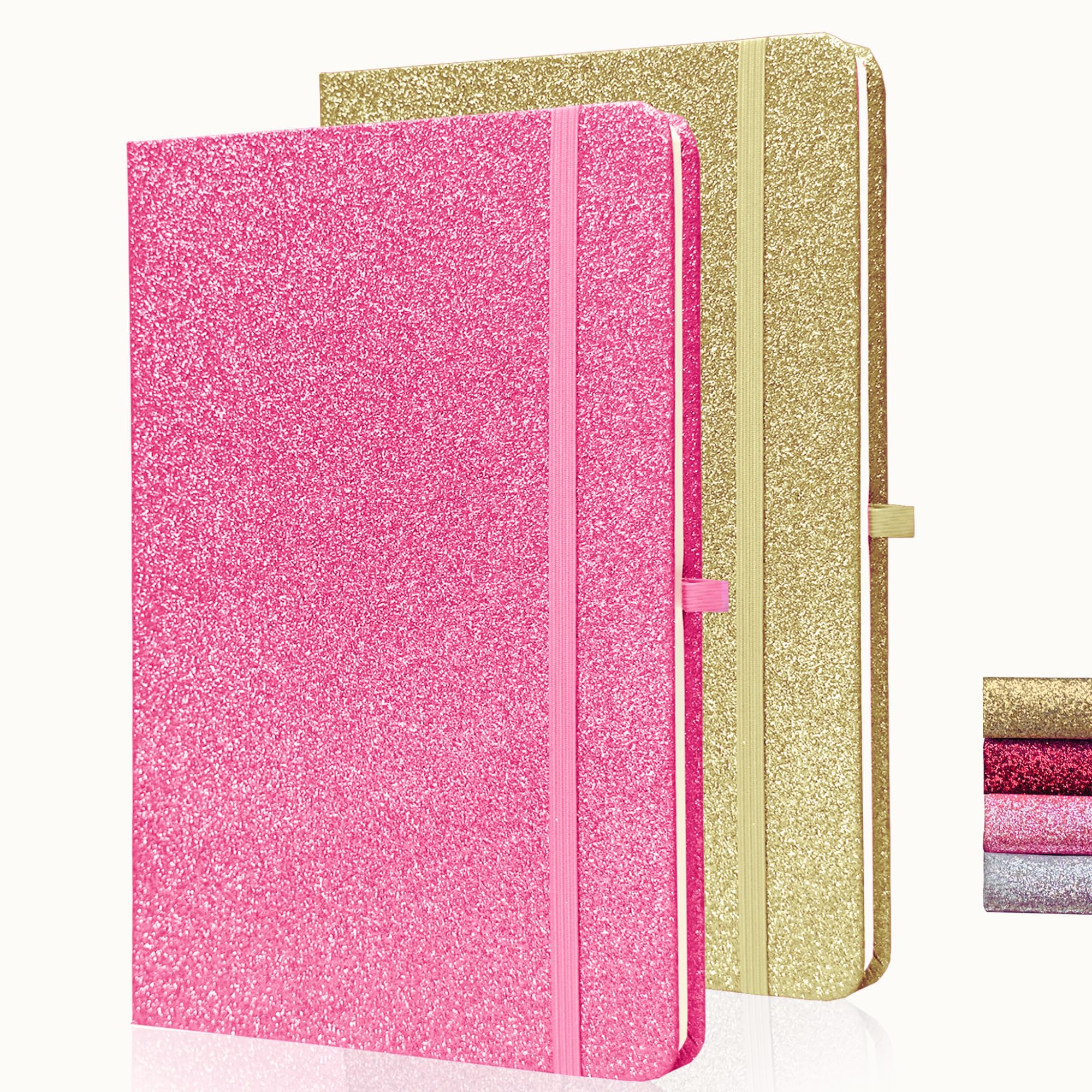 36 ROSES® Notebook Journal Diary - 2-Pack Cute Glitter Hardcover A5 Ruled 160 Pages Notebooks, perfect for Sketchbook Office Home Stationary School Writing and Composition - Pink/Gold