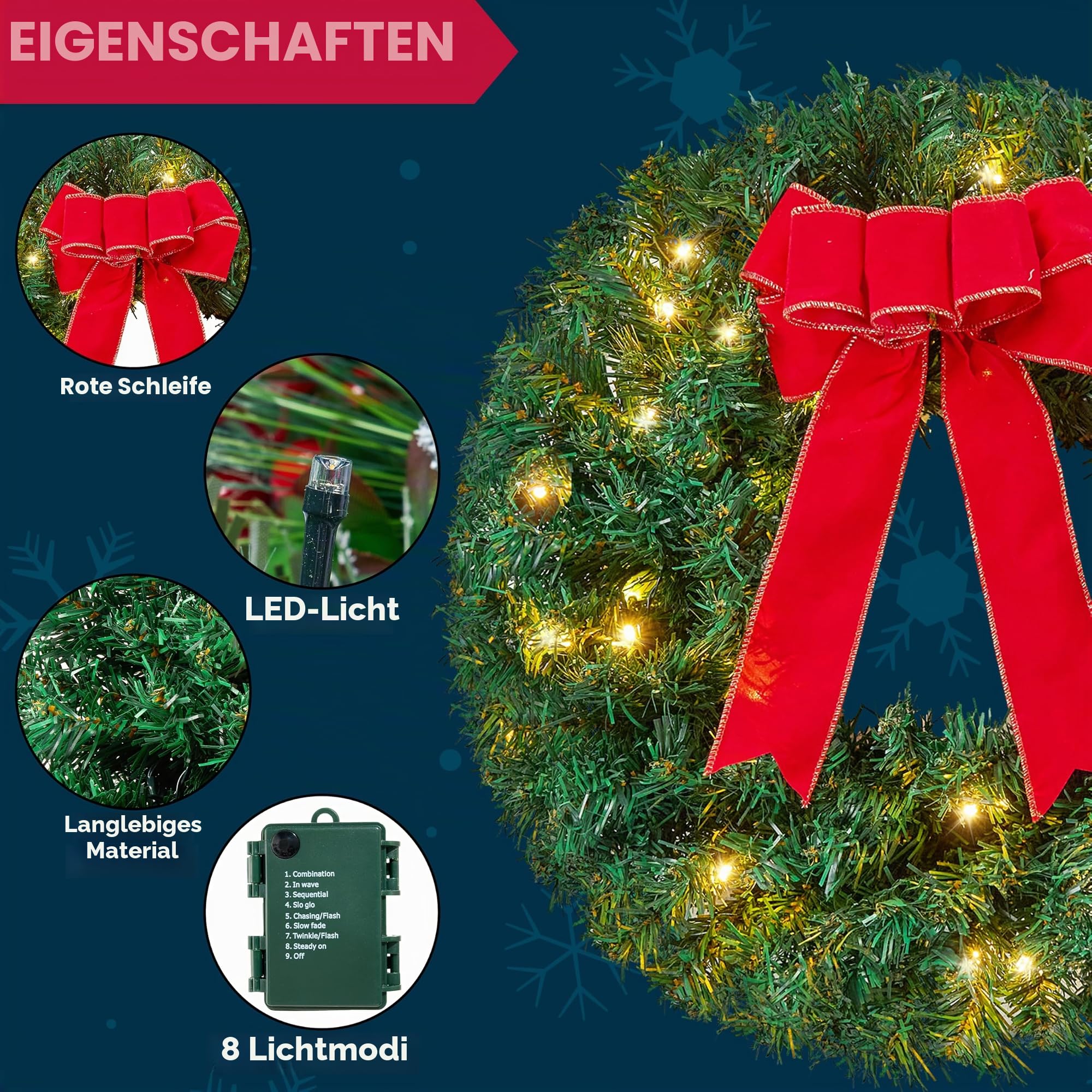 Joiedomi 19-Zoll-Weihnachtskranz mit LED-Lichtern, 3-teiliger Kranz für Haustür, Fenster, Wohnzimmer und Weihnachtsdekoration