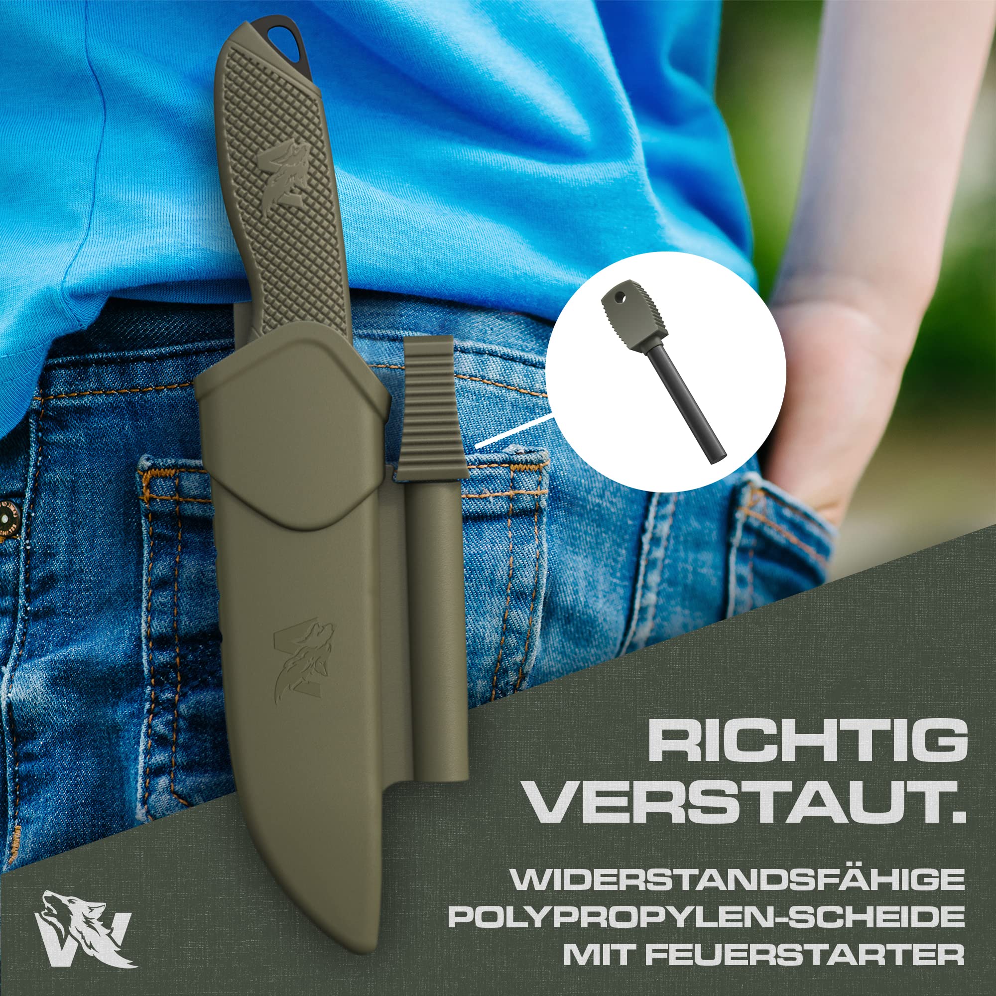 Wolfgangs W-KIDS - Schnitzmesser Kinder mit Süßem Kindermesser Führerschein - Outdoor Kinder Messer Set mit Scheide und Feuerstahl - DAS Kinder Schnitzmesser für das erste große Abenteuer