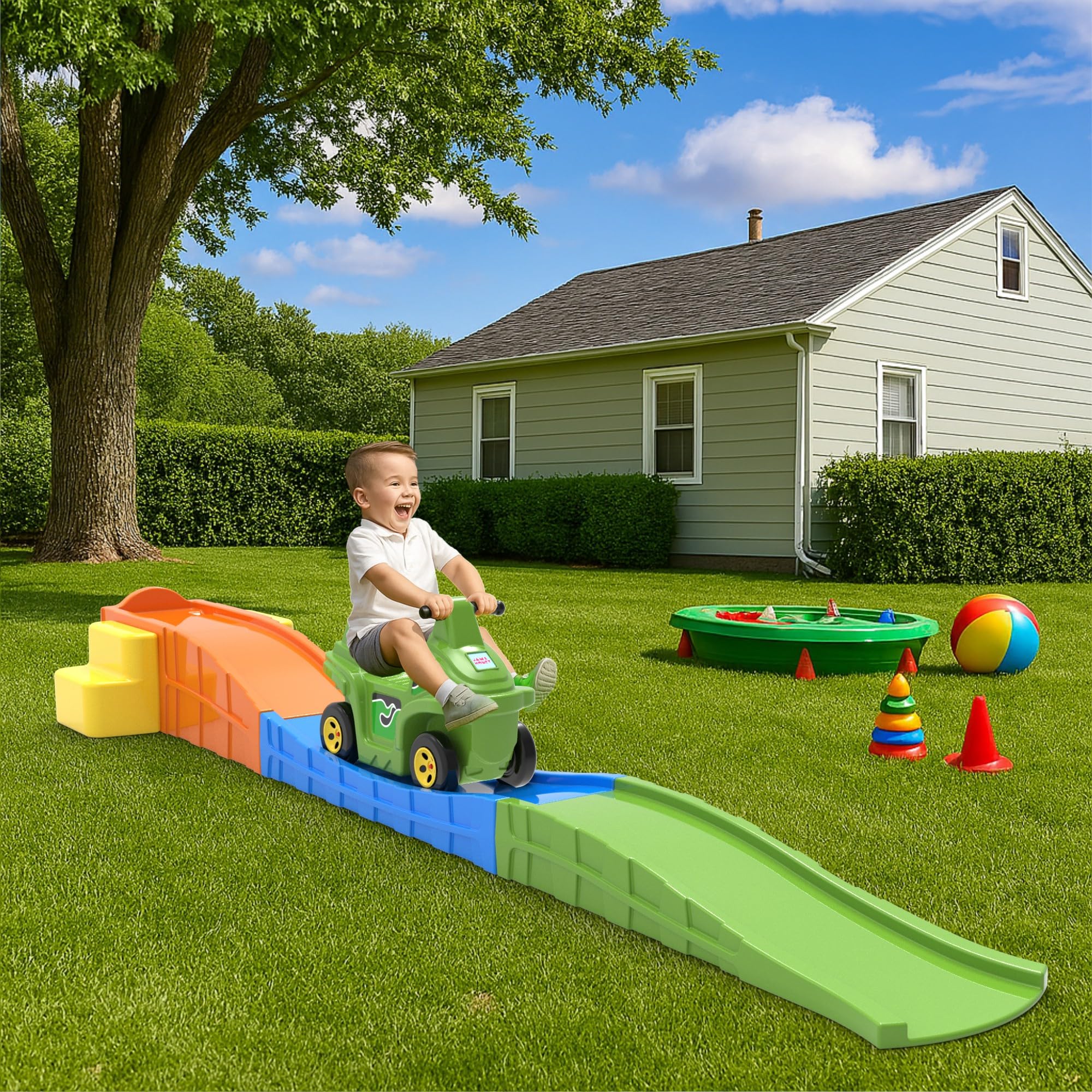 Amazon Brand - Jam & Honey Roller Coaster for Kids |Push On Ride On Car |Foot Rest Support |Backrest |Easy Grip |Safe & Fun Activity |Easy Assemble, Storage |Perfect Indoor & Outdoor Playset |2-6 Yrs