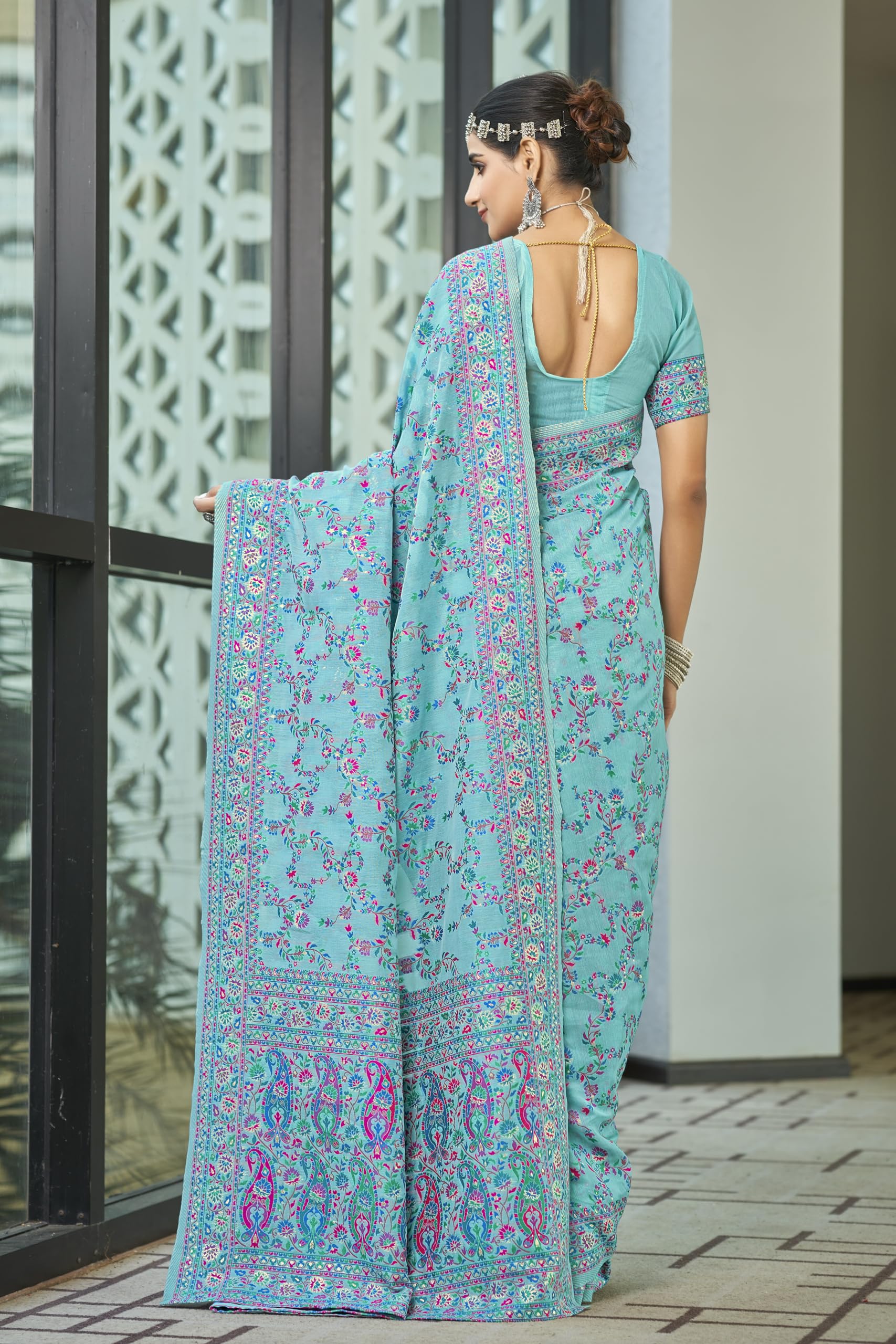 Glory Sarees Women's Kashmiri Cotton Woven Saree With Blouse Piece (Heritage_Silk108_Firozi) 2