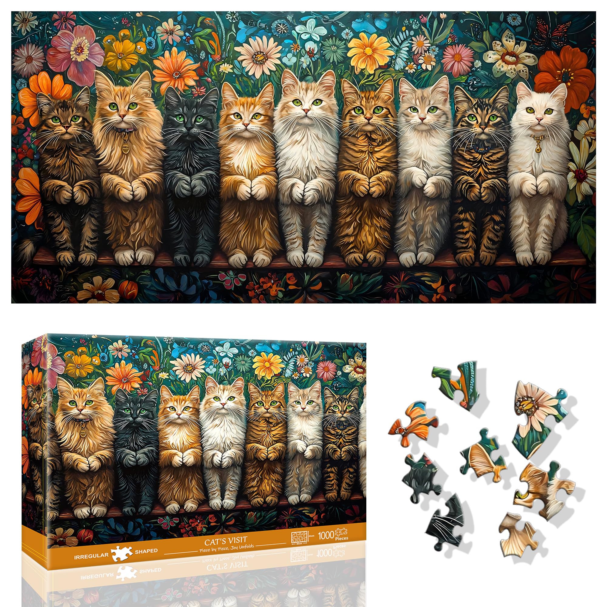 Ginfonr 1000 Piece Jigsaw Puzzles for Adults 《CAT'S VISIT》Irregular Shaped Pieces for Challenging Fun No Dust Classic Animal Puzzle