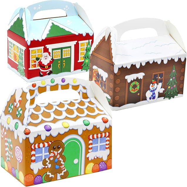 JOYIN 24 PCS 3D Christmas House Cardboard Treat Boxes for Holiday Xmas Goody Gift, Goodie Paper Boxes, School Classroom Party Favor Supplies, Candy Treat Cardboard Cookie Boxes