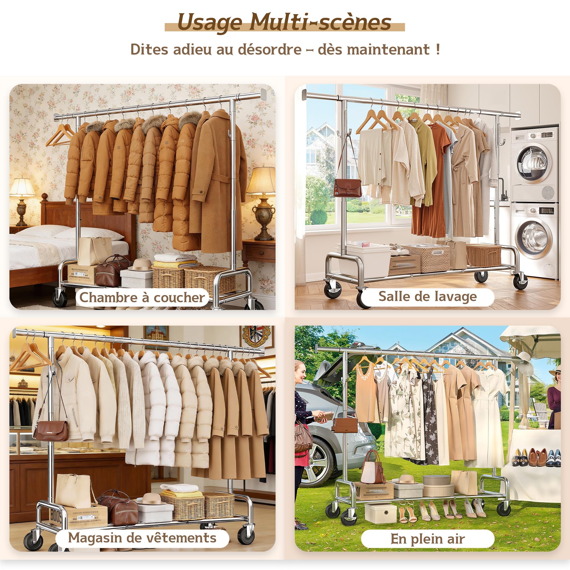 131–189cm Extensible Portant Vetement Solide à Roulettes, Argenté | 140KG Capacité de Charge, 146-170cm réglable en hauteur, Portant a Vetements Convient pour Manteaux,Vestes d'hiver,Chemises