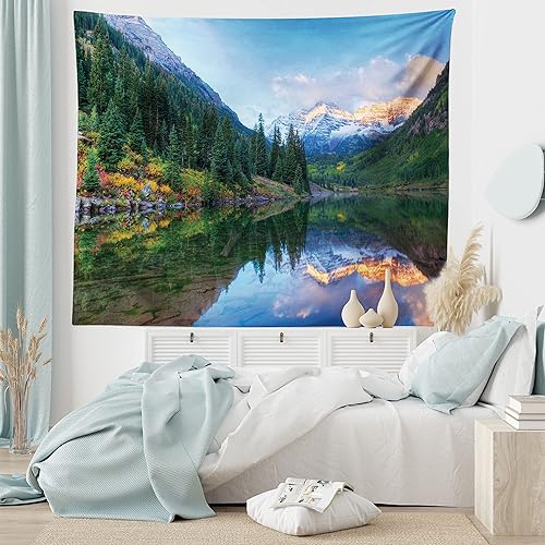 Ambesonne Tapiz de paisaje, reflejo de campanas granates nevadas en otoño, impresión panorámica de imagen panorámica para colgar en la pared para