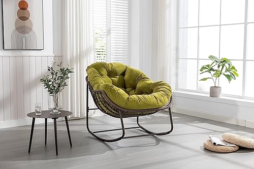 Miniatura 4 de Mecedora de patio, para interiores y exteriores, mecedora de huevos de ratán de gran tamaño, cómoda silla mecedora con cojín acolchado para porche