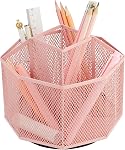 Annova Mesh Desk Organizer Rotate with 5 Compartments Spinning Tidy Candy/Pen Holder Office, Art Supply, Storage, Classroom, Home (Light Pink)