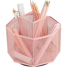Annova Mesh Desk Organizer Rotate with 5 Compartments Spinning Tidy Candy/Pen Holder Office, Art Supply, Storage, Classroom, Home Light Pink