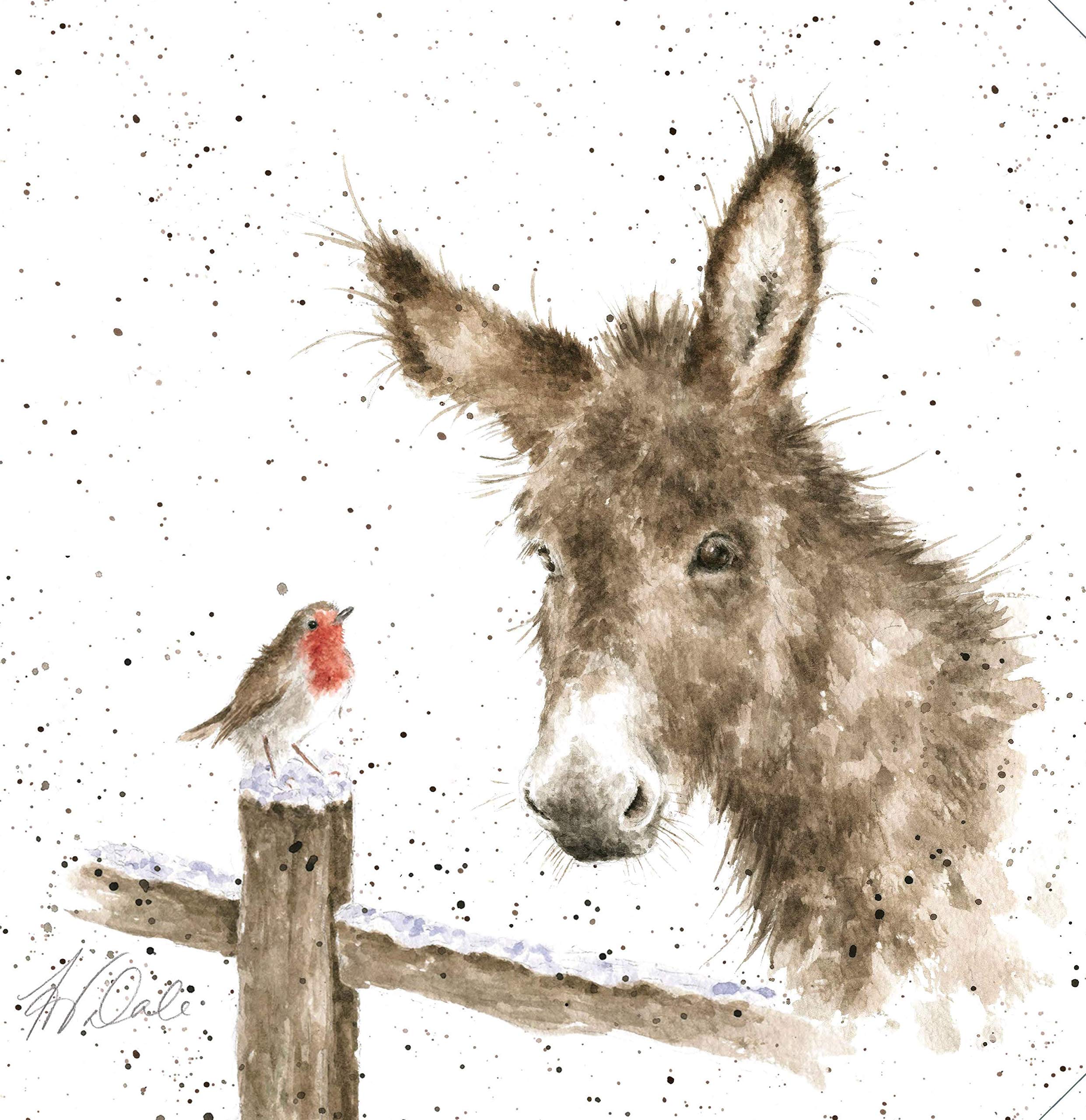 Wrendale Festive Print On Square Canvas 20 Centimetre Donkey And Robin White
