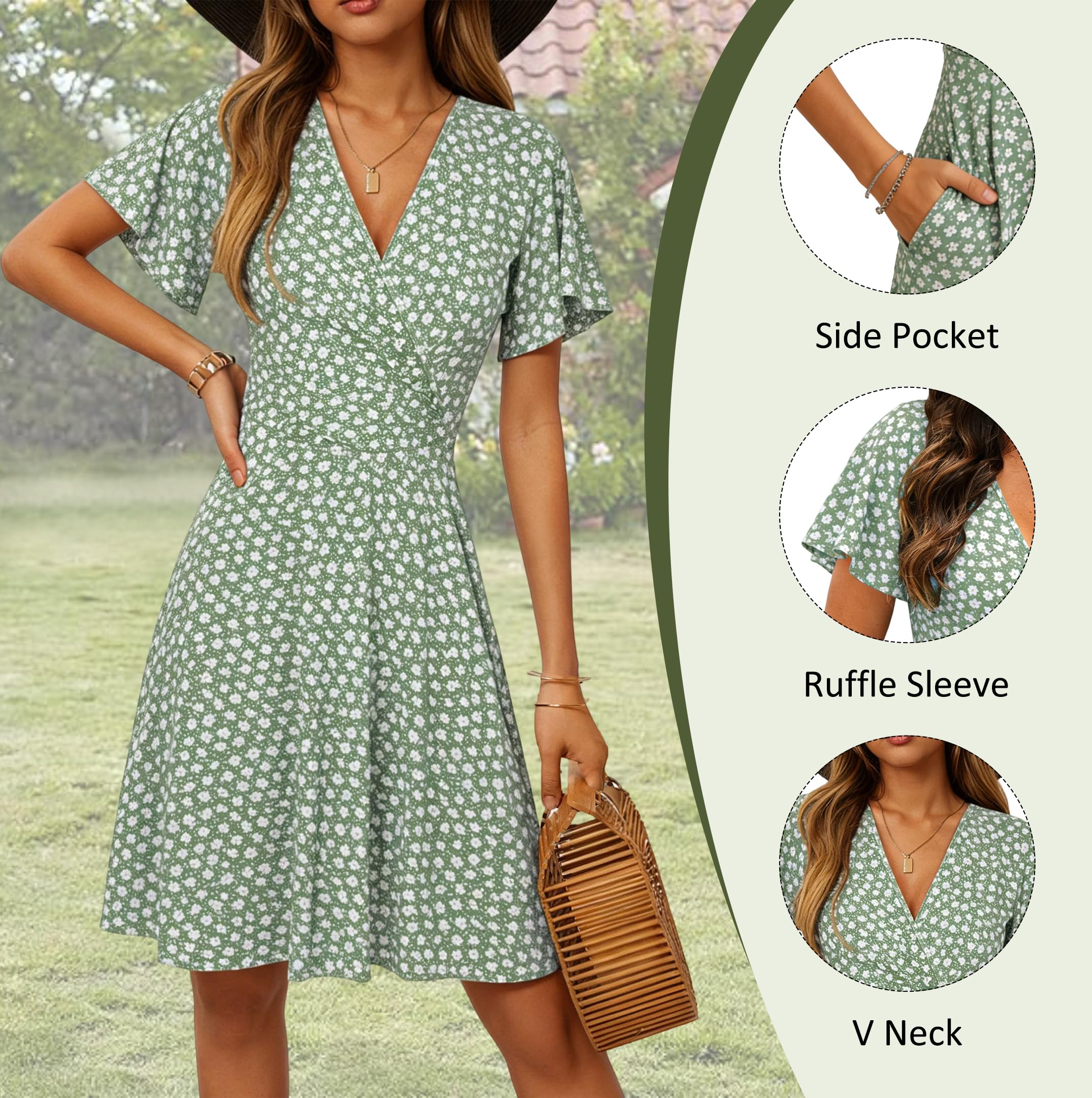 Oyamiki Abiti estivi da donna con scollo a V prendisole casual floreale da spiaggia avvolgente abito a maniche corte con tasche | Sopra il ginocchio, manica corta con volant, Midi, linea A, stile casual alla moda
