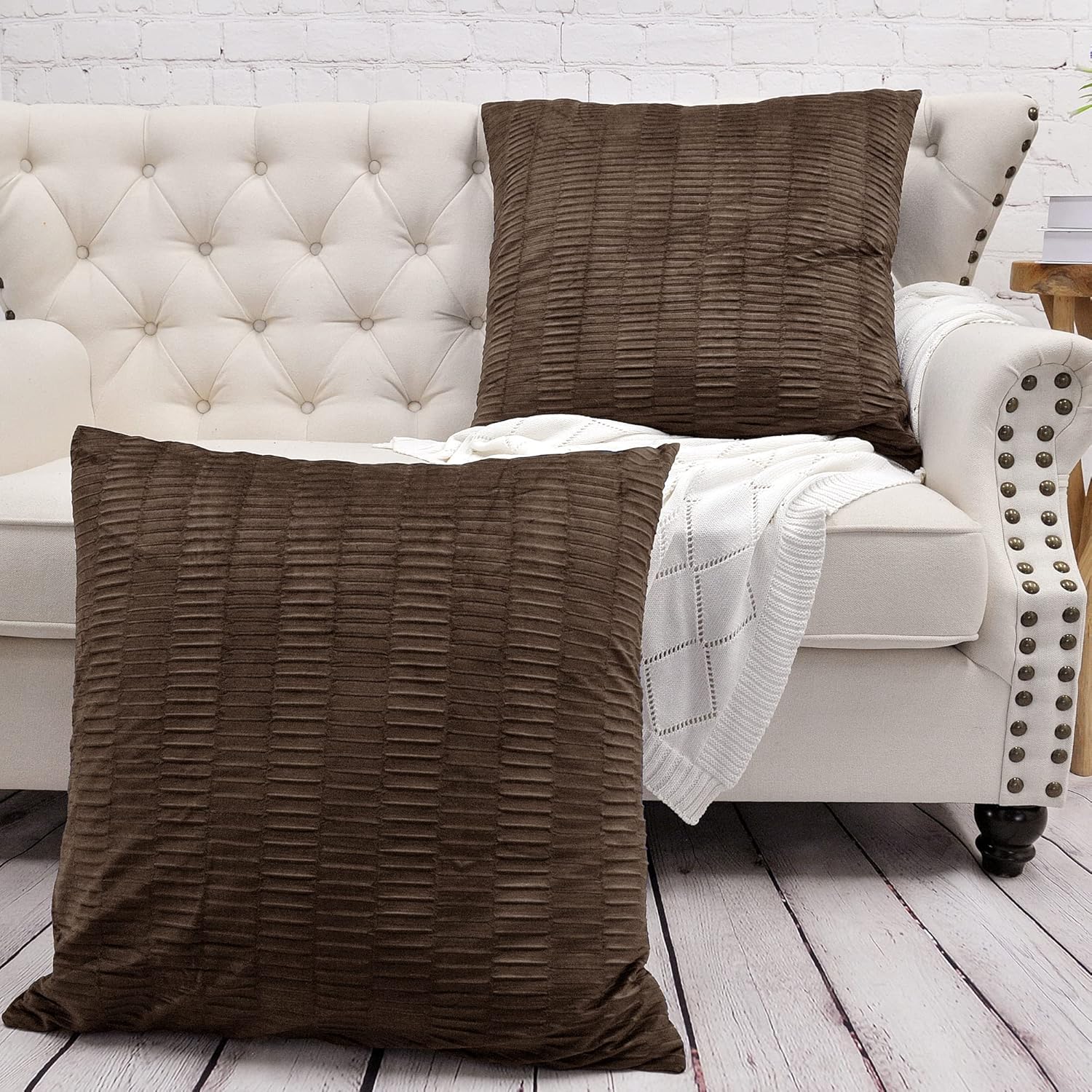 Pleated Striped Velvet Decorative Square Throw Pillow Covers 20 x 20 Inches Set of 4, Soft Chic Cushion Cases Pillowcases Pillowslips for Couch Bed Sofa Car Bedroom Living Room, Silver Gray