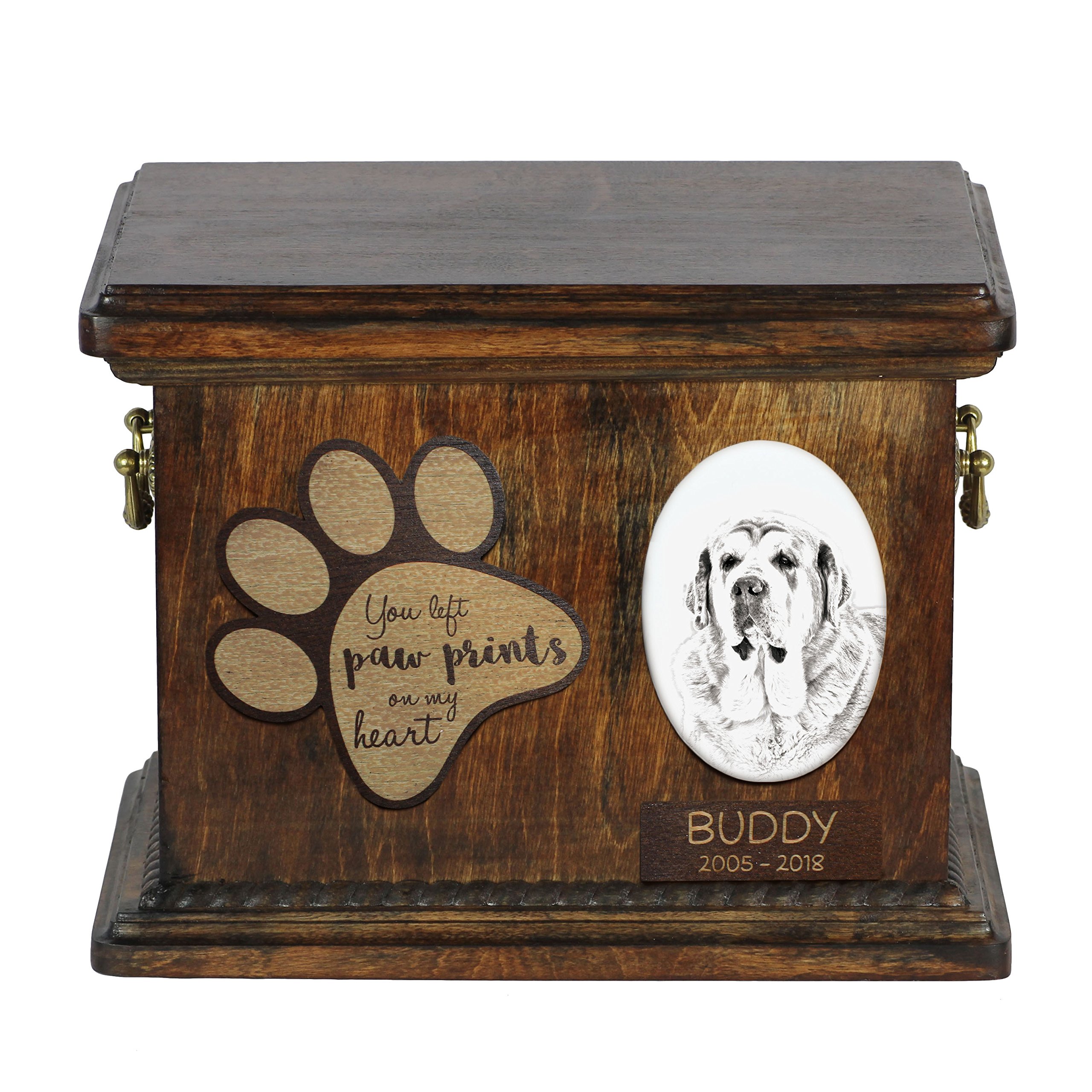 Art-Dog Custom Dog Memorial Urn - Handmade Cold Cast Bronze Portrait on Birch Base with Personalized Ceramic Plate - Elegant Dog Cremation Box – 8,3x11,4x8,7” – Spanish Mastiff — image 1