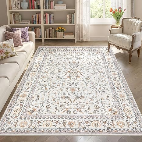 Tortania Area Rug Living Room Rugs - 5x7 Washable Boho Rug Vintage Oriental Distressed Farmhouse Large Thin Indoor Carpet for Living Room Bedroom Under Dining Table Home Office - Floral Beige