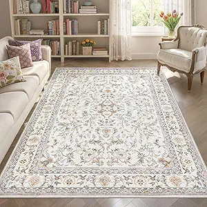 Tortania Area Rug Living Room Rugs - 5x7 Washable Boho Rug Vintage Oriental Distressed Farmhouse Large Thin Indoor Carpet for Living Room Bedroom Under Dining Table Home Office - Floral Beige