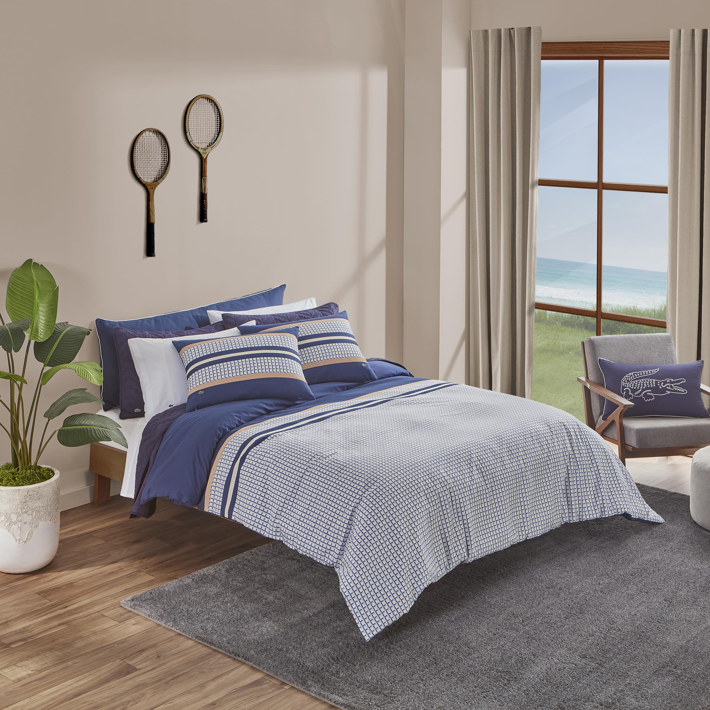 - Lacoste Micro Logo Comforter Set – Modern Bold-Color Geometric Bedding, 100% Cotton Brushed Twill, Down-Alternative Fill, Oeko-TEX Certified, Navy/White, King