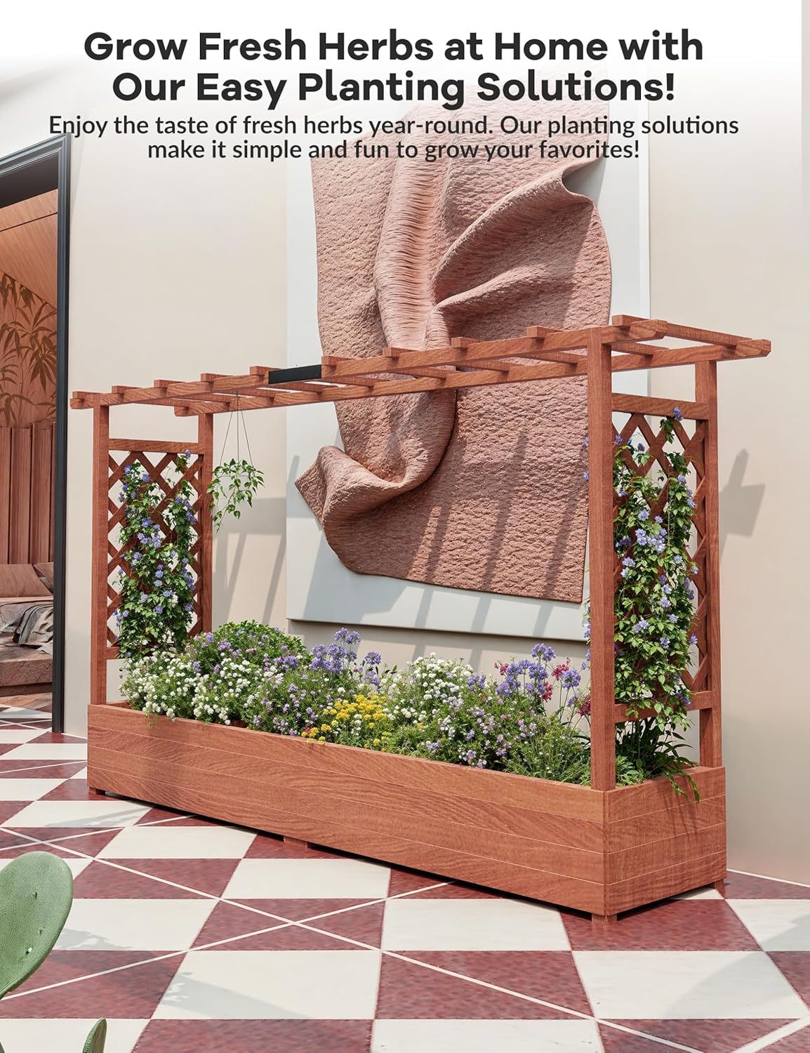 GarveeLife Raised Garden Bed with Trellis, 45 in Wood Planter Box with Side Trellis, Hanging Roof, and 4 Drainage Holes, Freestanding Elevated Garden Bed for Climbing Plants, Vines, Flowers