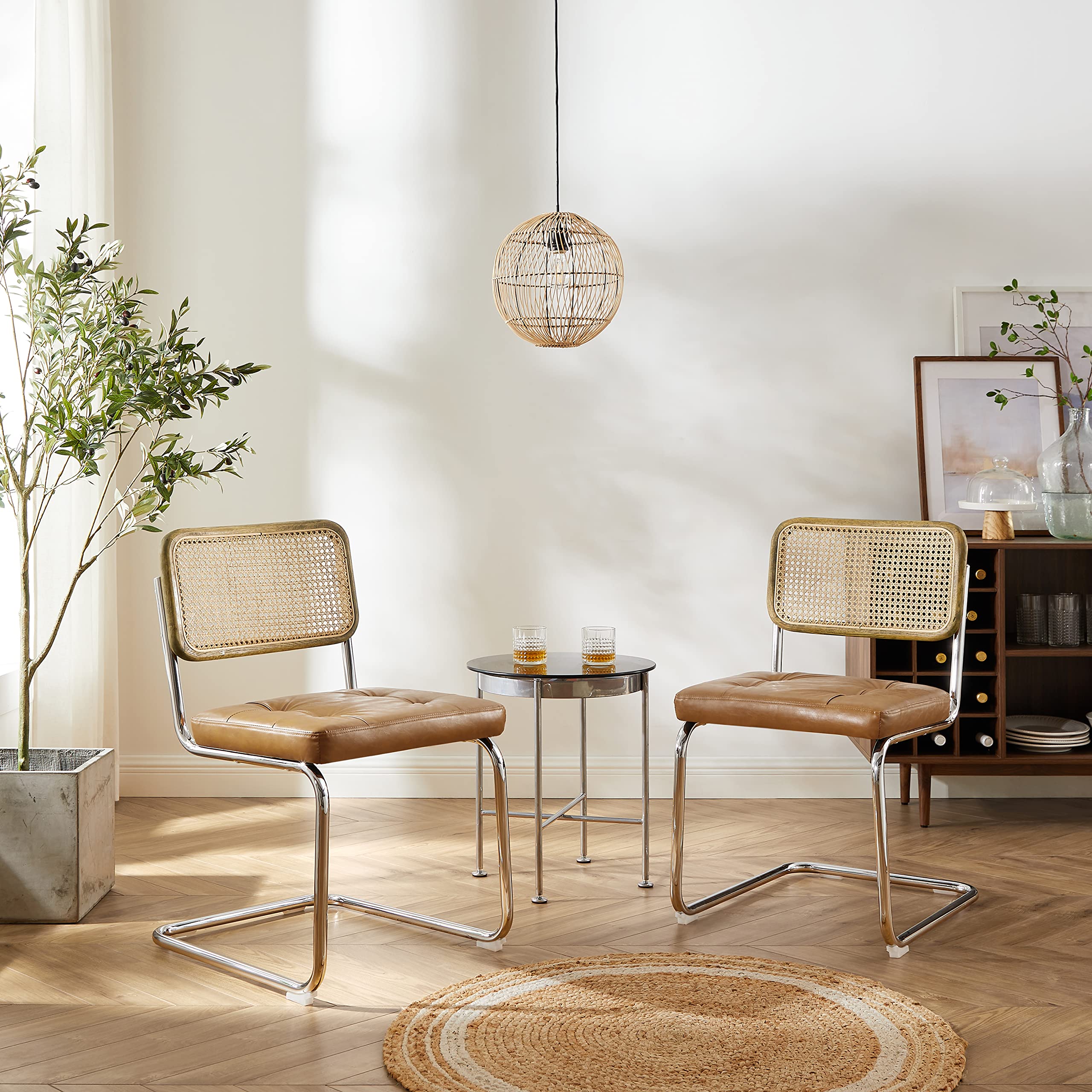 Zouron Stühle 4er Set Schwingstuhl mit echt Eichenholz - Wiener Geflecht Küchenstühle, Gelbbraun Rattan Stuhl Freischwinger Stühle, Kunstledersitz Metallgestell Esszimmerstühle Rocking Chairs