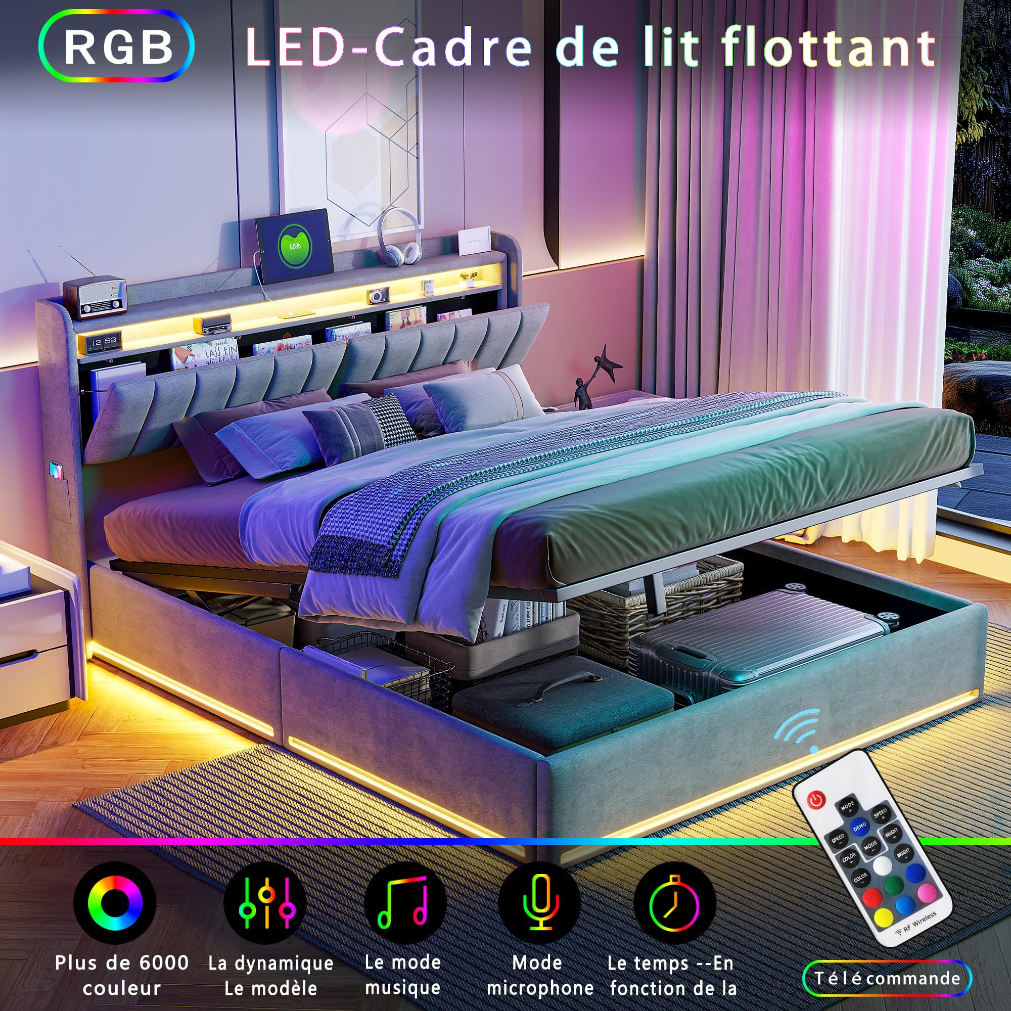MOTUZP Letto Matrimoniale Imbottito, Struttura Letto Matrimoniale 160x200 cm con LED Multicolore e USB, Spazio Contenitore Intelligente, Rete a Doghe in Legno Massiccio, Grigio