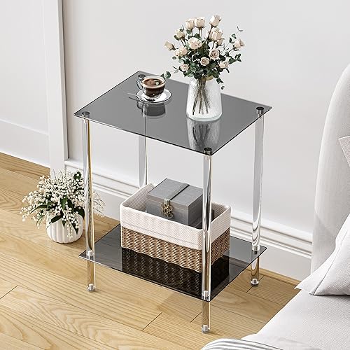 Miniatura 4 de Mesas auxiliares de vidrio acrílico con 2 estantes, juego de 2 mesitas de noche Simplicity para espacios pequeños, vidrio templado de 2 niveles para