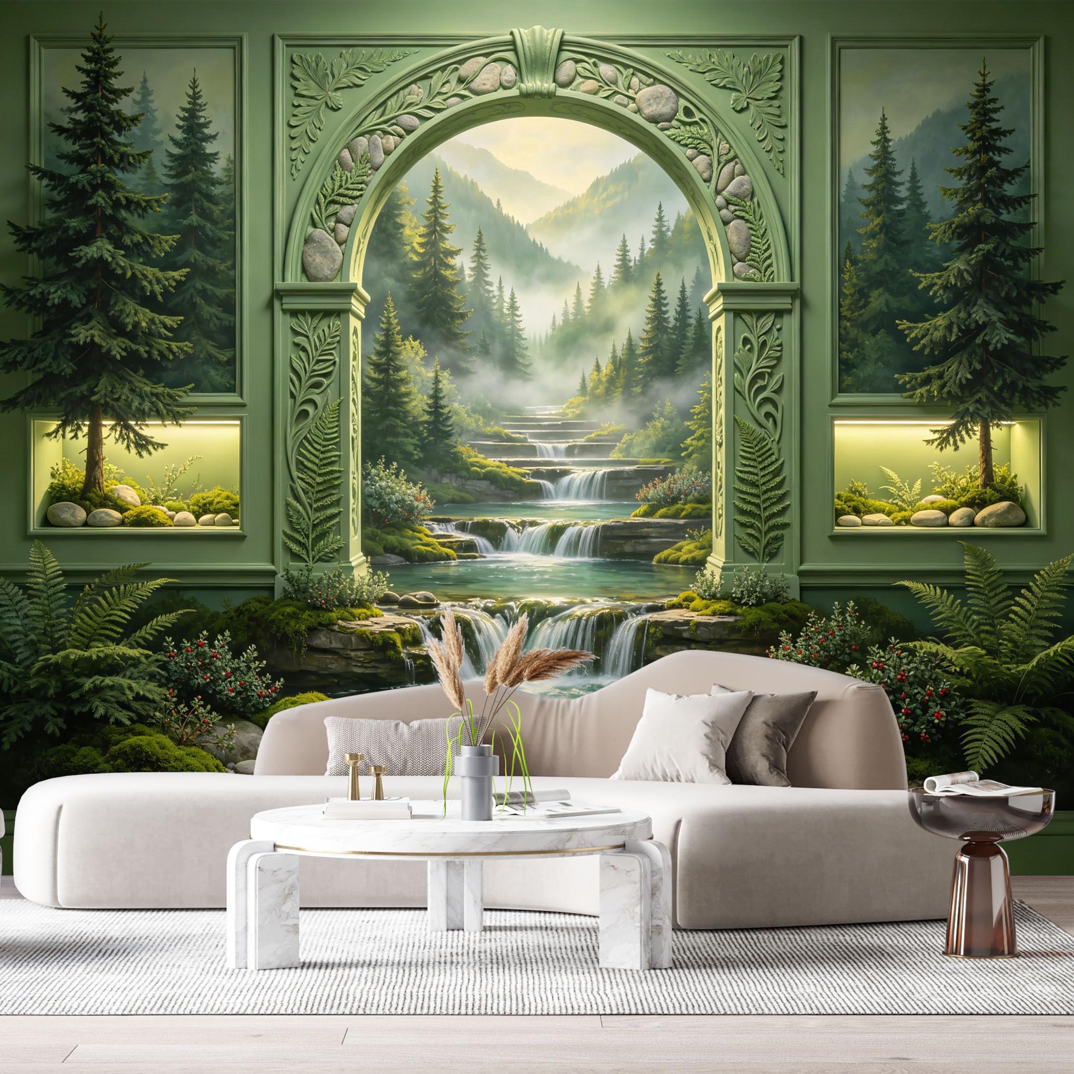 Custom Size Wall Mural Mountain Waterfall Forest Archway 3D Trompe L'Oeil SelfAdhesiveWall Fabric Removable Wallpaper Wall Decor for Living Room Bedroom Bathroom
