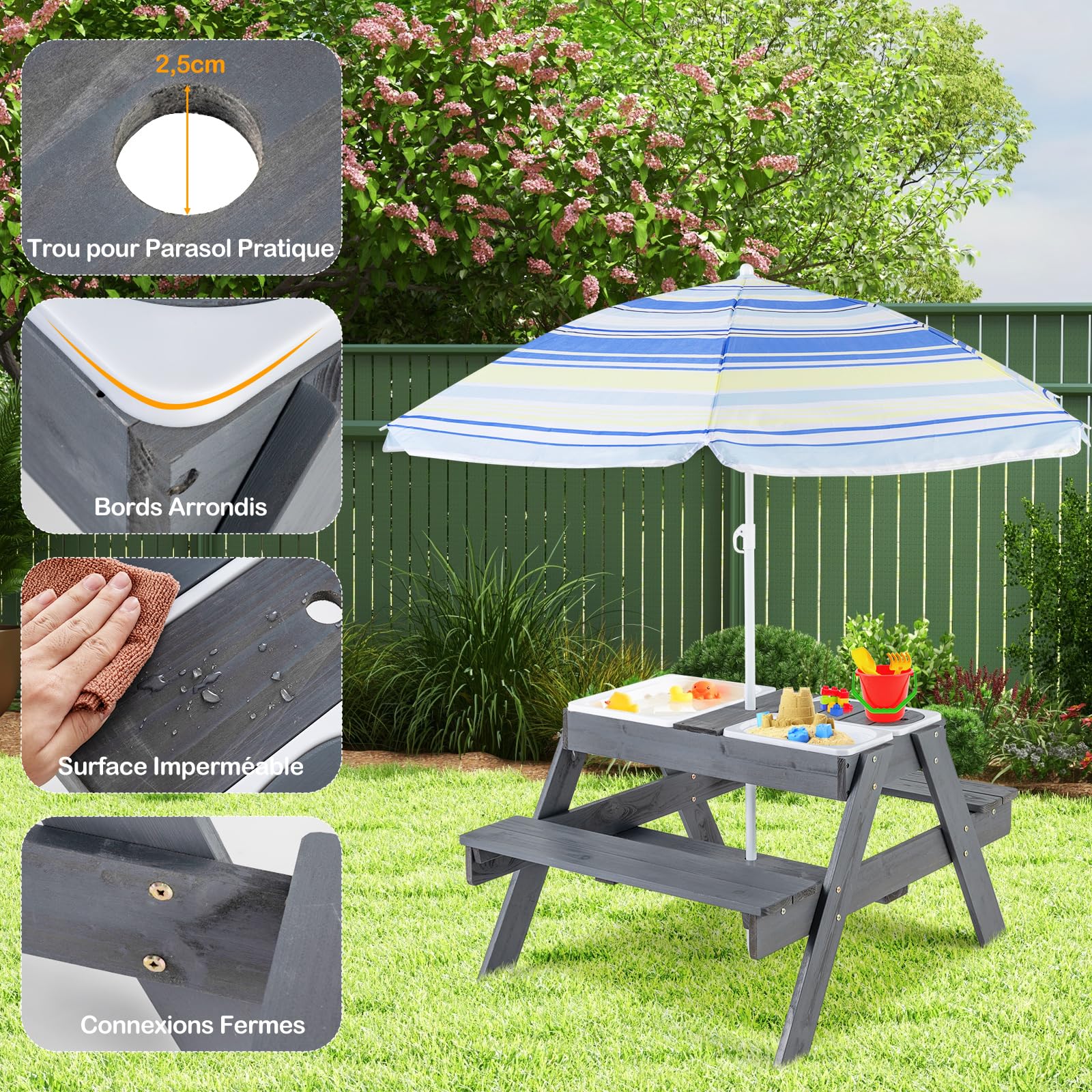 COSTWAY Table de Pique-Nique Enfants avec Parasol Réglable & 3 Bacs Amovible, Table de Jardin Extérieur en Sapin pour Sable et Eau, Charge 100kg pour Enfants de 3 Ans+ pour Jardin Terrasse