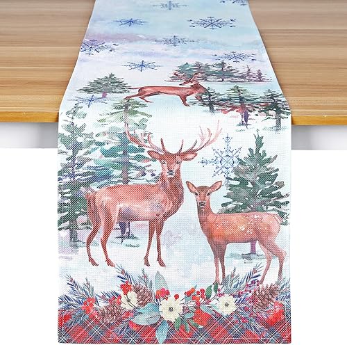 Camino de mesa de Navidad, 13 x 72 pulgadas, camino de mesa familiar de renos para decoraciones de Navidad, decoración de mesa de comedor de cocina