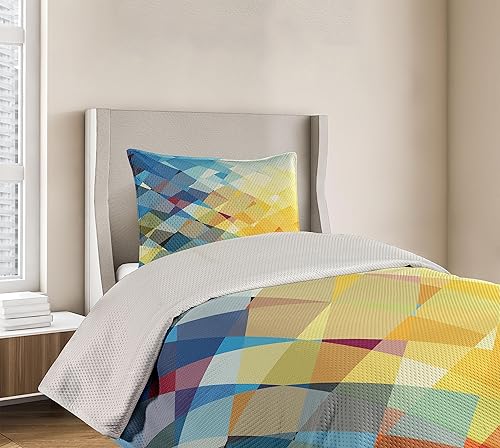 Miniatura 6 de Lunarable Colcha amarilla y azul, patrón degradado en cuadros factales con forma de mosaico roto artístico moderno, juego de colcha acolchada