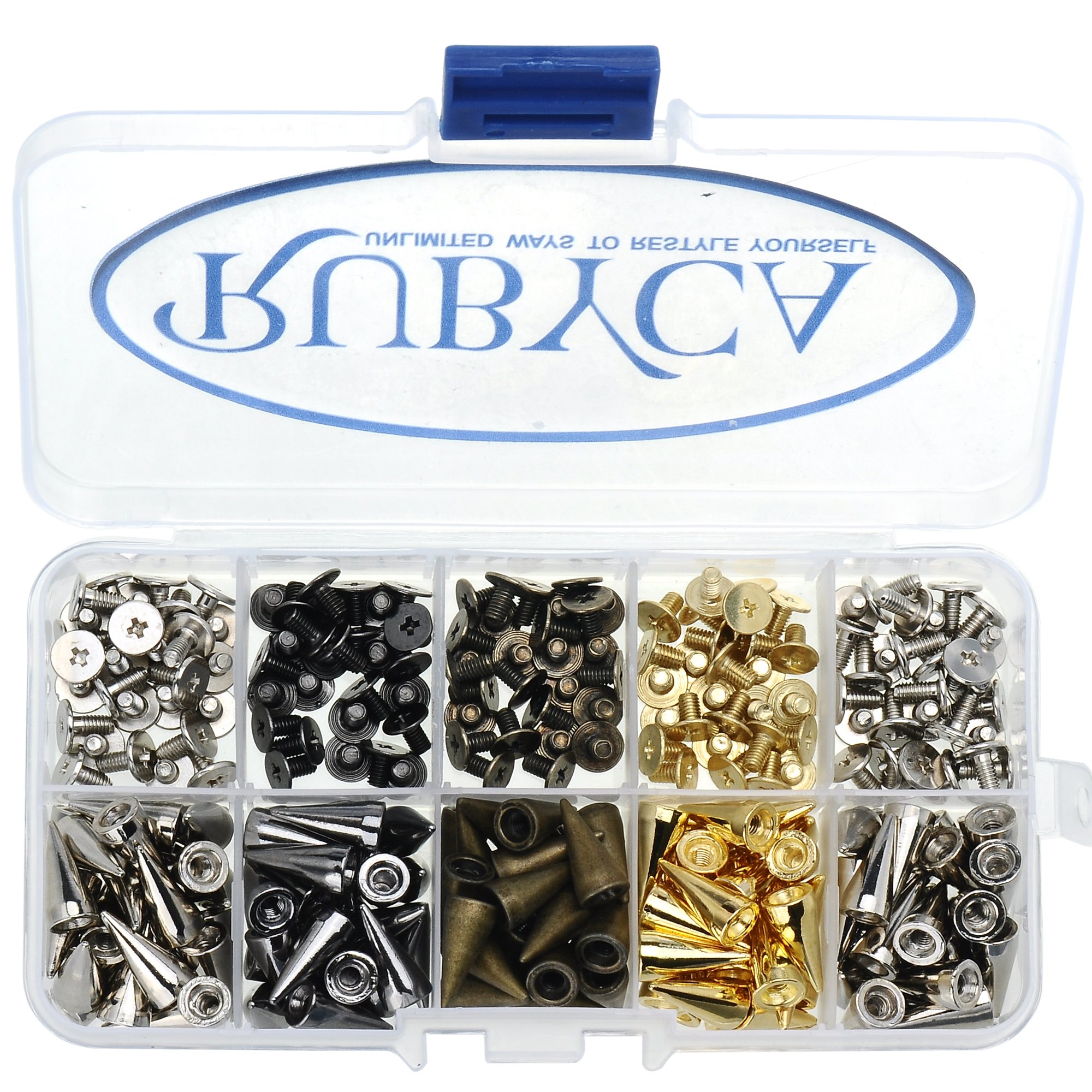 RUBYCAMetal Cone Spikes and Studs Screw-Back 14mm 200 Sets Leathercraft Kit w/Container Box Mixed Colors (Black, Silver, Gold, Bronze)