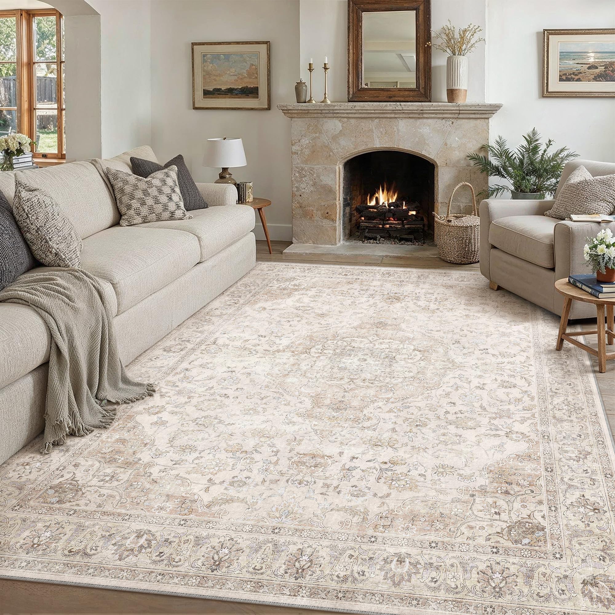 PureCozy Teppich Wohnzimmer 200x300cm Waschbarer Vintage Beige Tepich for Schlafzimmer kurzflor rutschfest Weich Böhmischen Groß Retro Carpet für Küchen Esszimmer Bedroom Büro Living Room