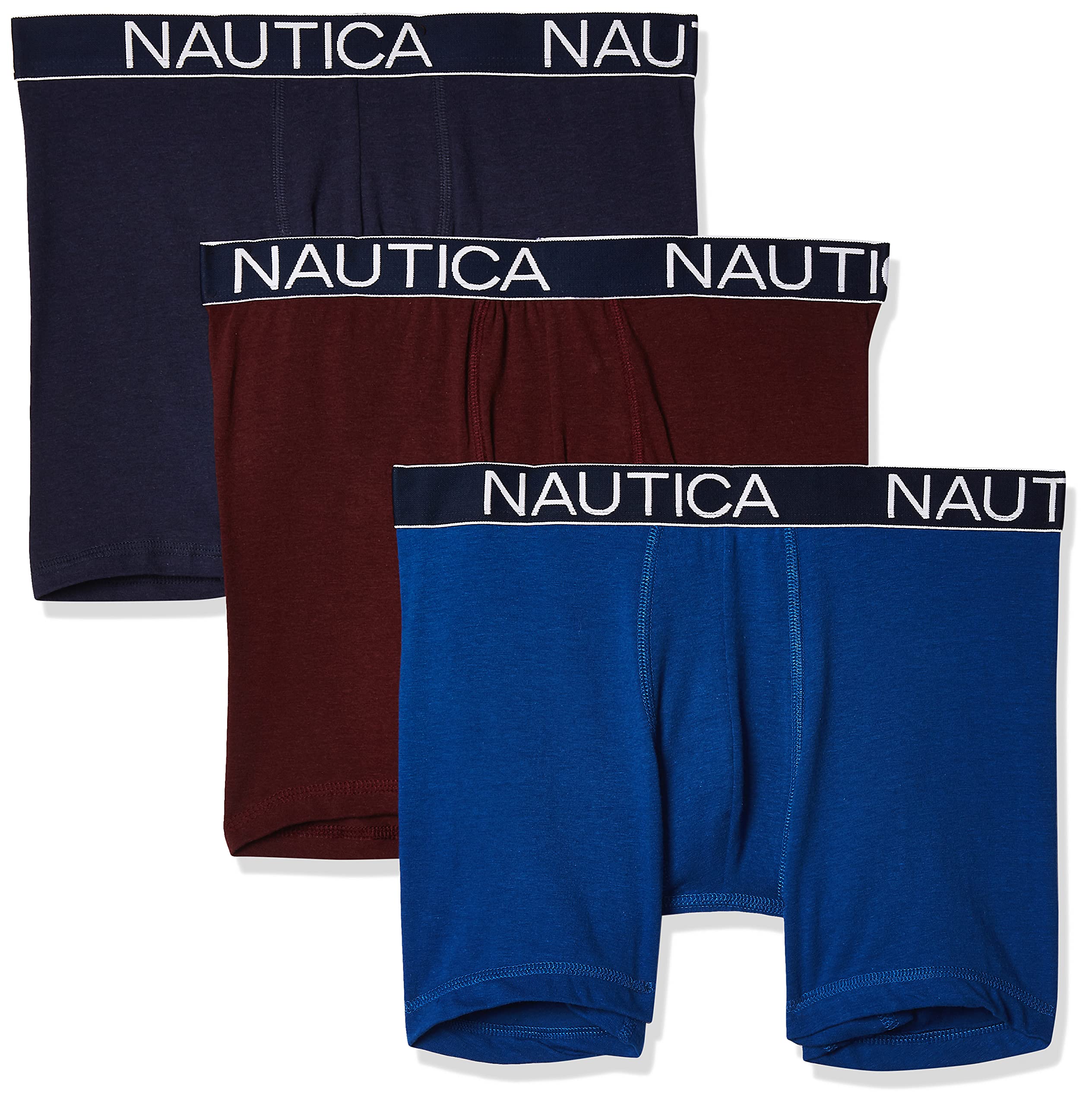 Nautica Men's 3-Pack Classic Underwear Cotton Stretch Boxer Brief, Peacoat/Monaco Blue/Tawny Port, Medium