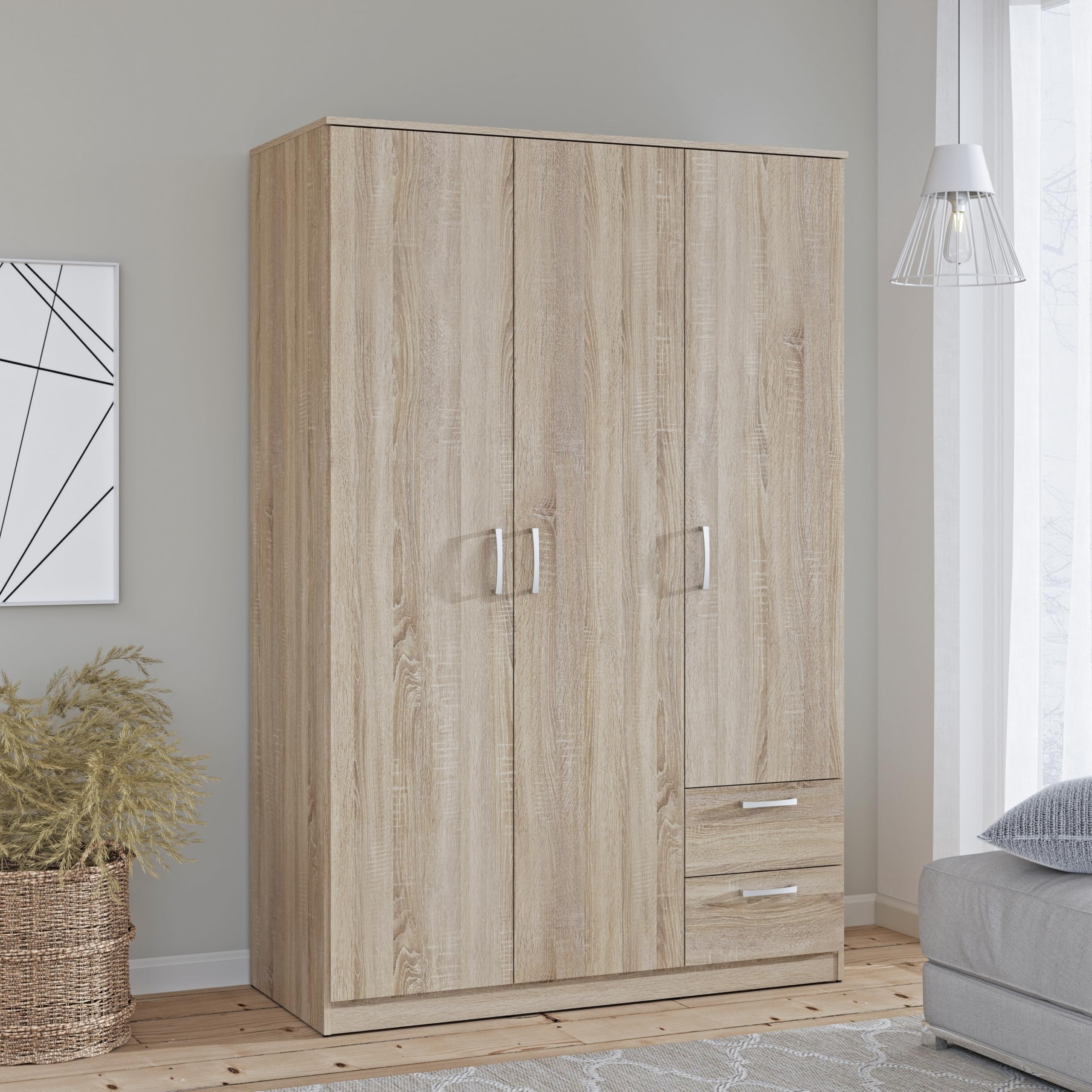 FORTE NIKO Schrank 120 130, Kleiderschrank, Drehtürenschrank Skandinavisch, 3-türig mit 2 Schubladen, Einlegeböden und Kleiderstange, Sonoma Eiche, 123 cm breit x 185 cm hoch x 53 cm tief Küche, Haushalt & Wohnen
