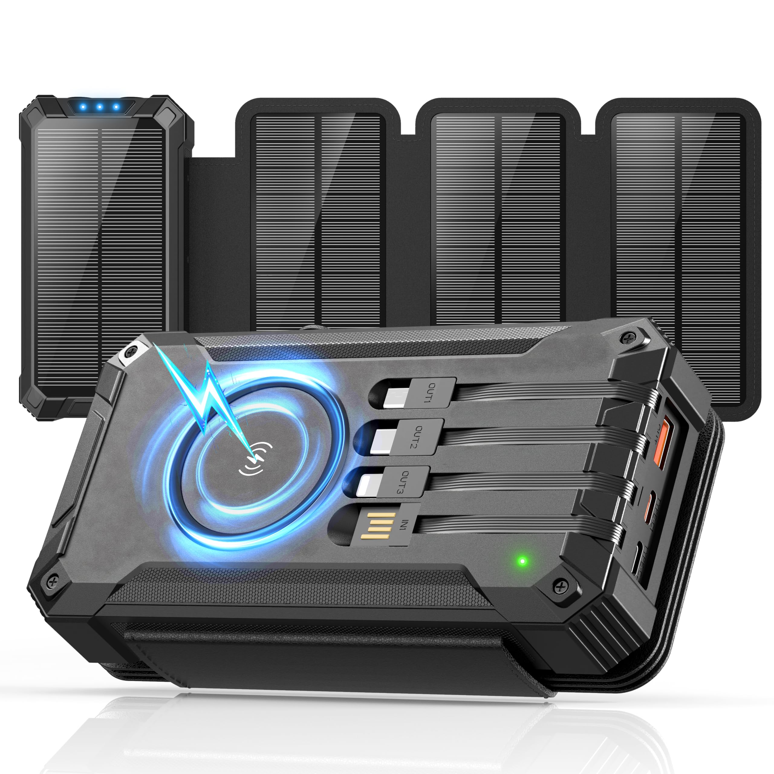 Batterie Externe Solaire 63000mAh chargeur portable sans fil avec 4 câbles, PD QC 3.0 chargement rapide, lampes à poche pour camping