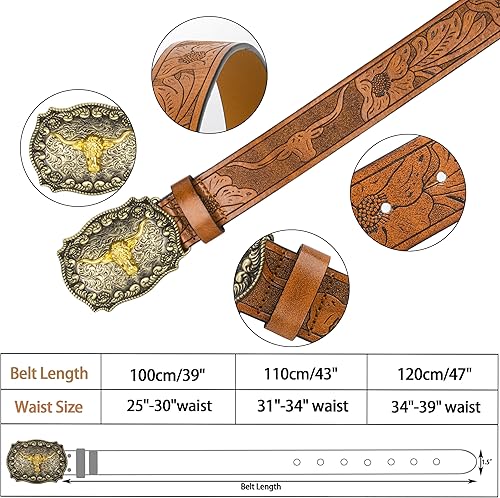 Miniatura 5 de INOGIH Cinturones con hebilla de cuero de vaquero occidental con cuerno largo, con grabado floral, hebilla para pantalones vaqueros, 33" a 42"