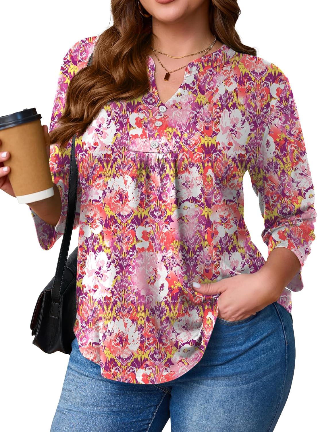 TFSDOD Women Shirts Plus Size 3/4 Sleeve Boho Tops Casual V Neck Dressy Blouses Flowy Business Loose Fit Work Tunics Tops