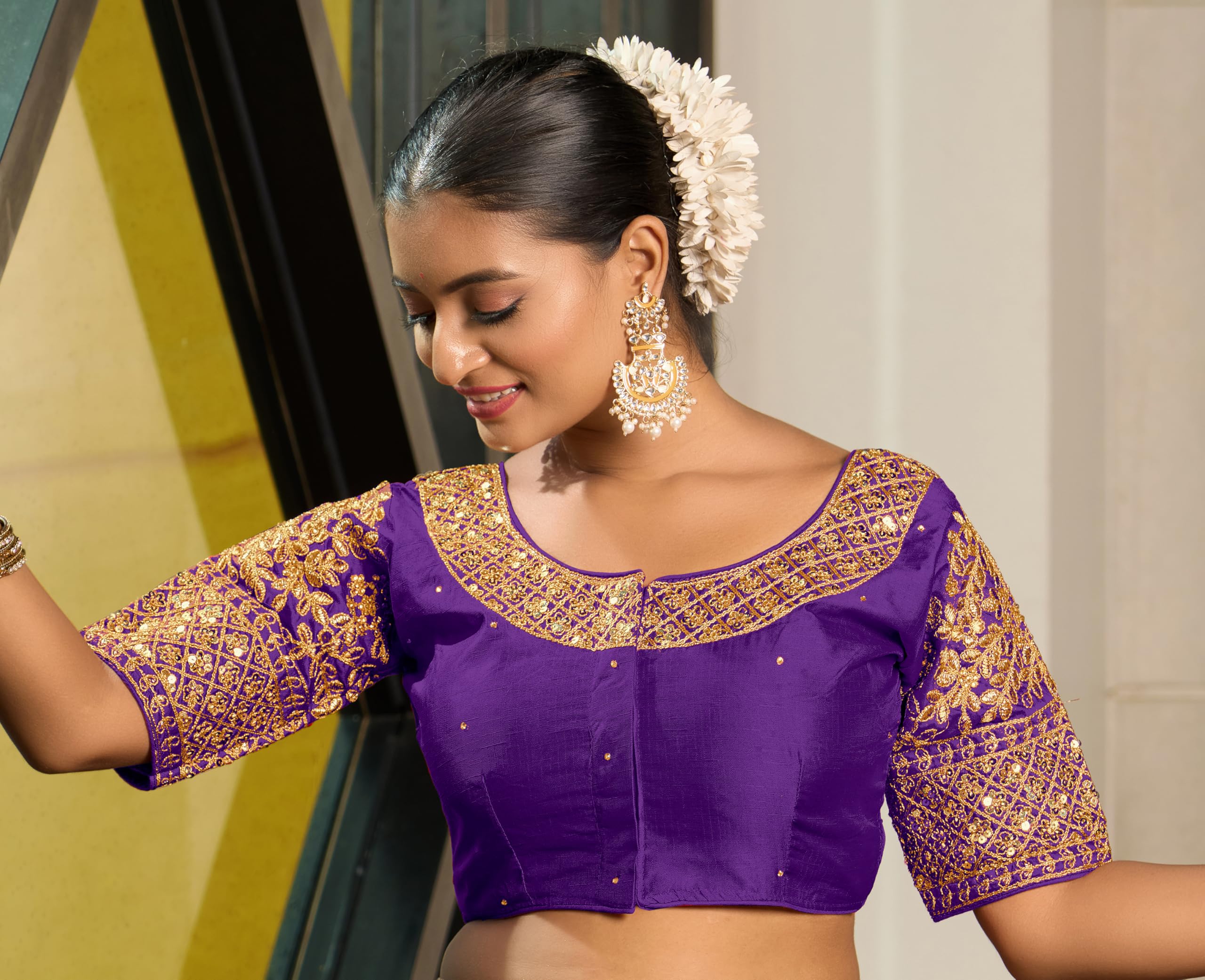 Pujia Mills Women's Heavy Embroidery Coding With Sequins Work Half Sleeves Fancy Readymade Saree Blouse (Purple, 38)