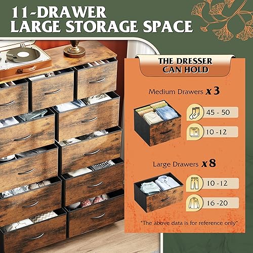 Miniatura 5 de WLIVE Cómoda alta para dormitorio, torre de almacenamiento de aparadores de tela, cómoda y cómoda con 11 cajones, armario de almacenamiento,