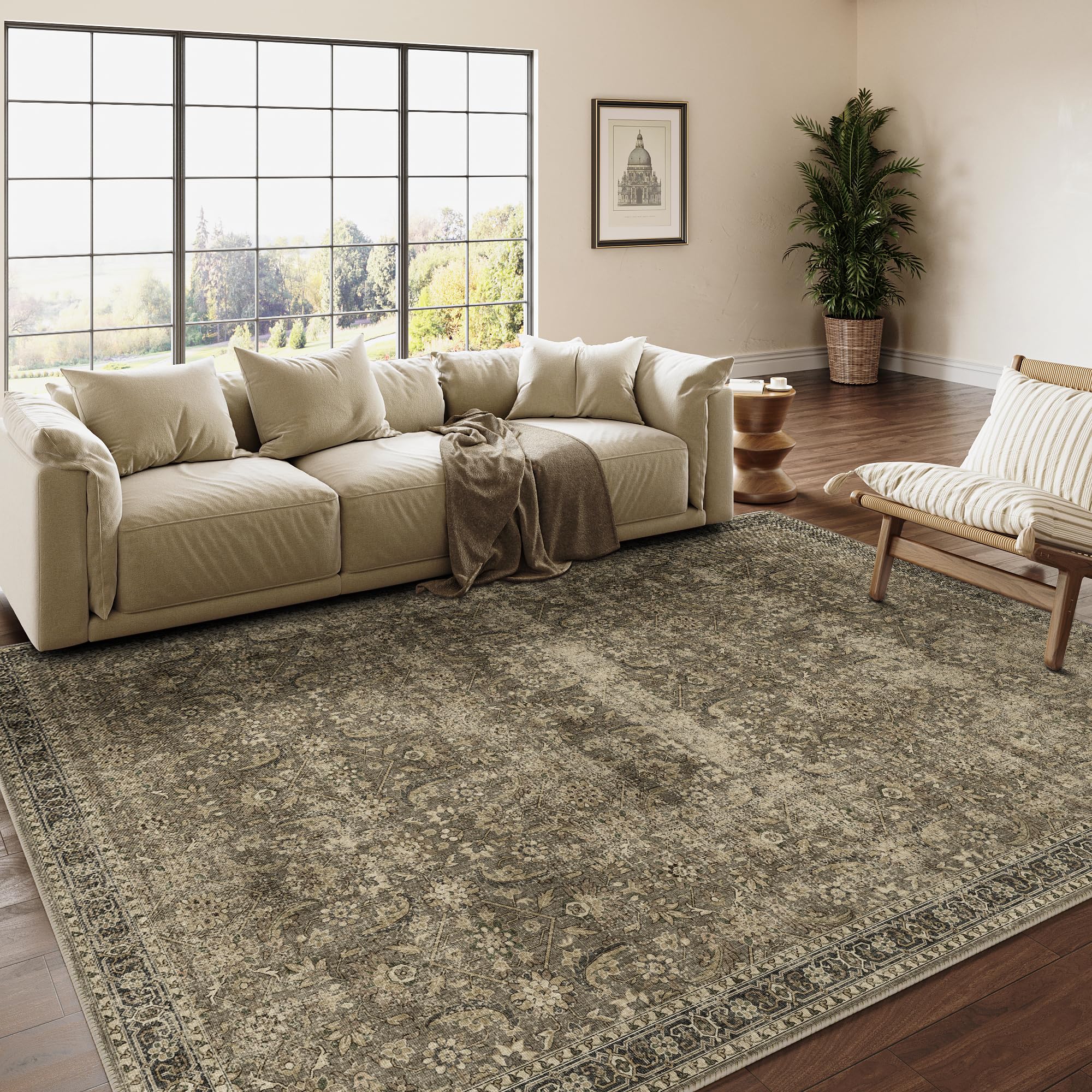 8x10 Machine Washable Rugs Brown Hallway Large Area Rug Indoor Accent Rug Floral Low Pile Carpet Soft Throw Aesthetic Rug Non Slip Bedroom Living Room Office Dining Room Kitchen Laundry Room