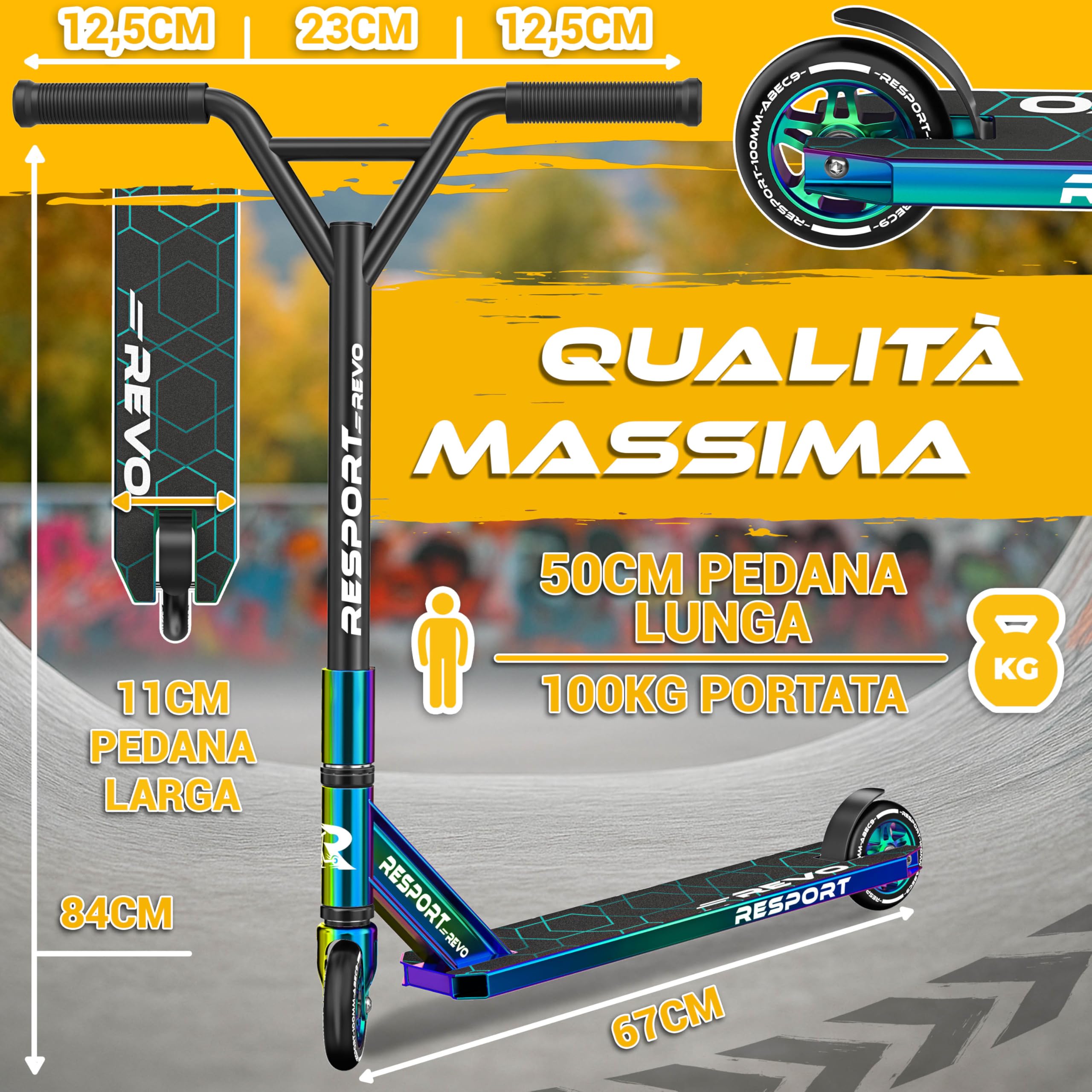 RE:SPORT Stunt Scooter REVO per bambini e adulti con supporto, 100 mm, ruote in poliuretano e Y-Bar, per acrobazia, scooter ABEC 9, cuscinetti a sfera