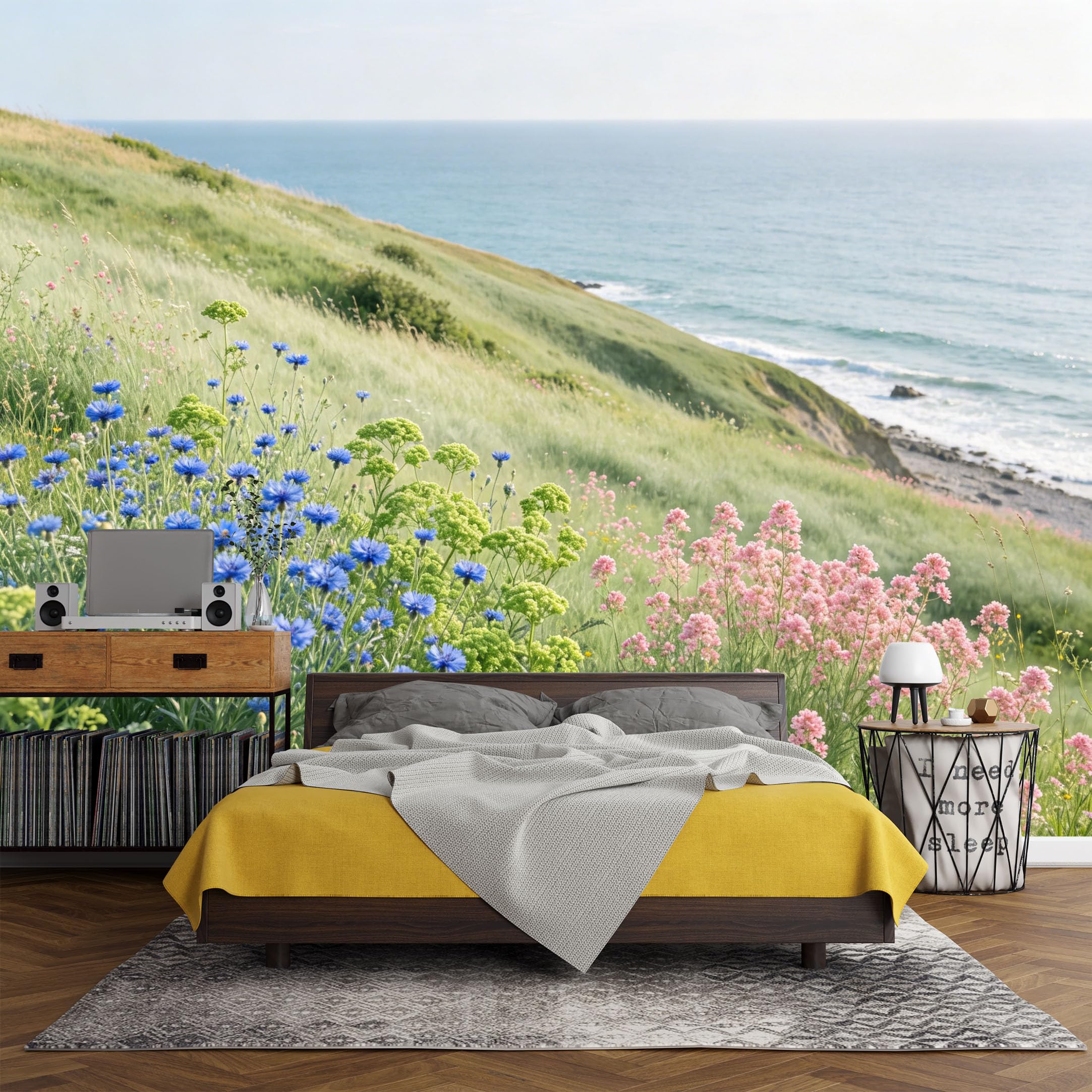 Custom Size Wall Mural， Coastal Flower Meadow Sea Cliff Landscape Ocean Breeze，SelfAdhesive Art Prints wall Fabric (No PVC) Removable Wallpaper Living Room Decor