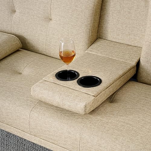 Miniatura 4 de Tiophome Sofá multifuncional de 67 pulgadas, 2 portavasos de cuero con reposabrazos extraíbles, cama plegable convertible para espacios pequeños,