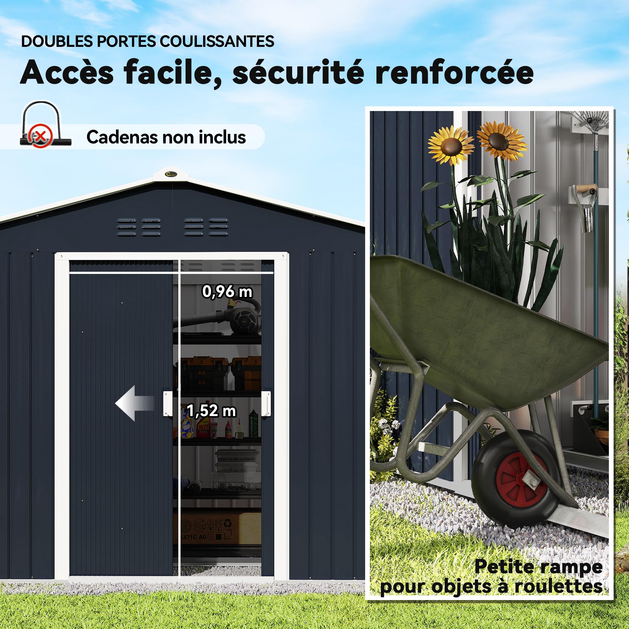 Outsunny Abri de Jardin en Acier galvanisé XXL 5,4 m² avec kit de Fondation 277x195x192cm, cabane de Jardin Toit en Fibre de Verre, cabanon Rangement Outils Portes coulissantes 4 aérations Gris foncé
