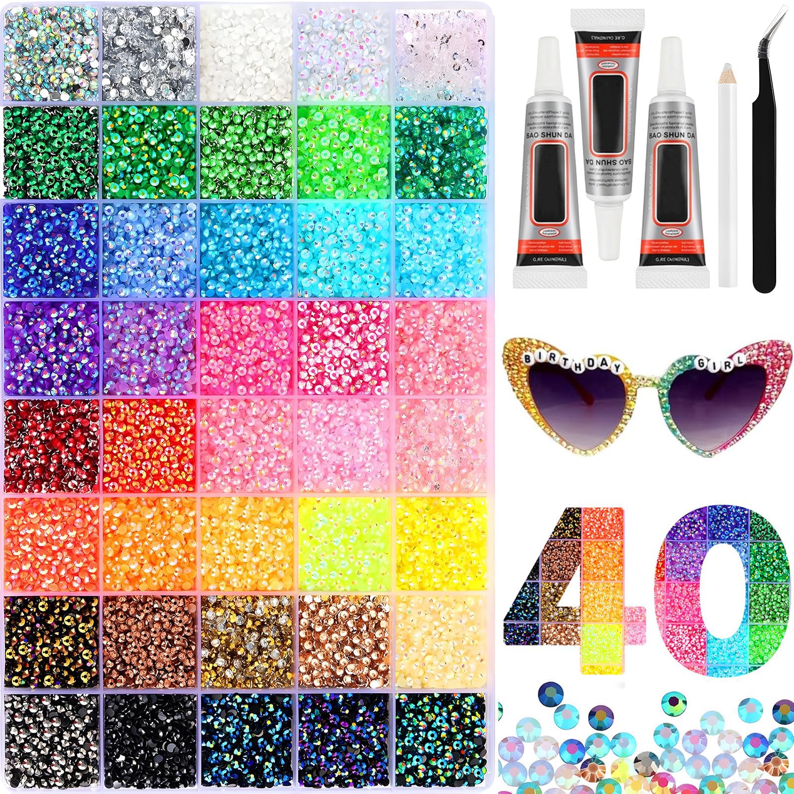 40 Farben DIY Glitzersteine Nägel  Strasssteine Bedazzler Kit with Glue