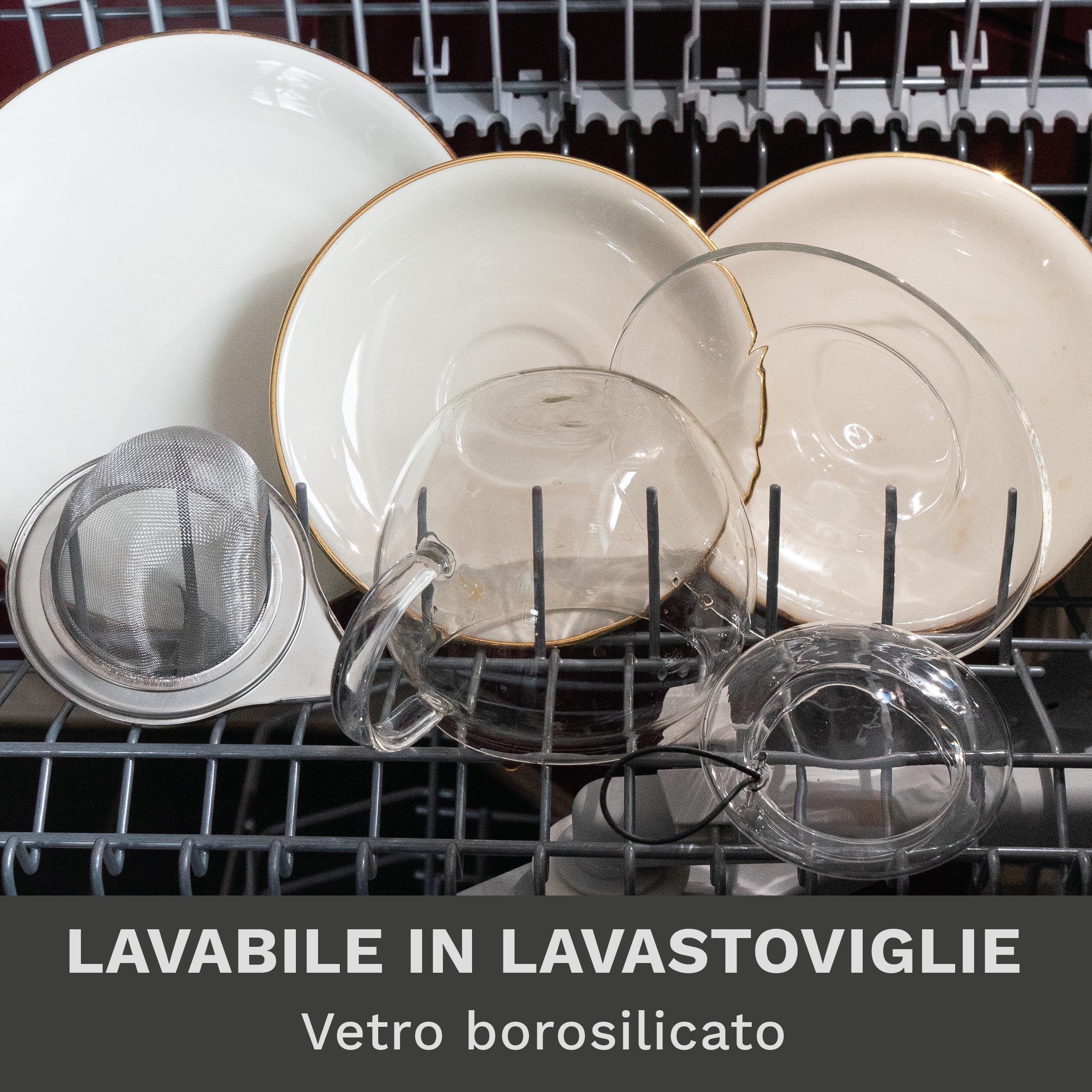 Creano Tazza da tè JUMBO in Vetro con Manico e Filtro Integrato in Acciaio Inox, Coperchio in vetro e Piattino | 450ml