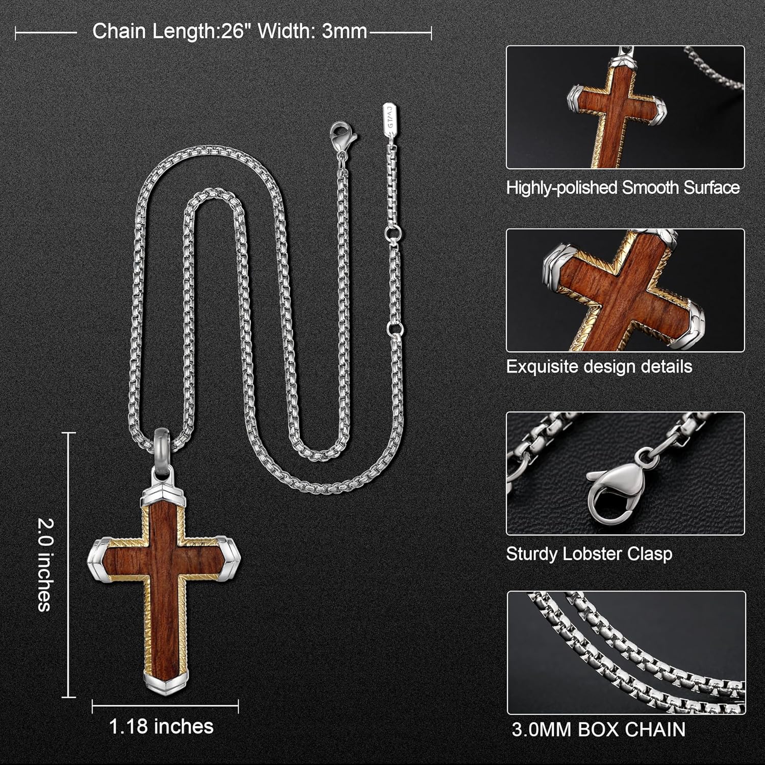 Wooden Cross Necklace for Men Ebony Christianity Cross Necklace with Steel Adjustable Box Chain 24-26 Inches Christmas Gifts - Image 2